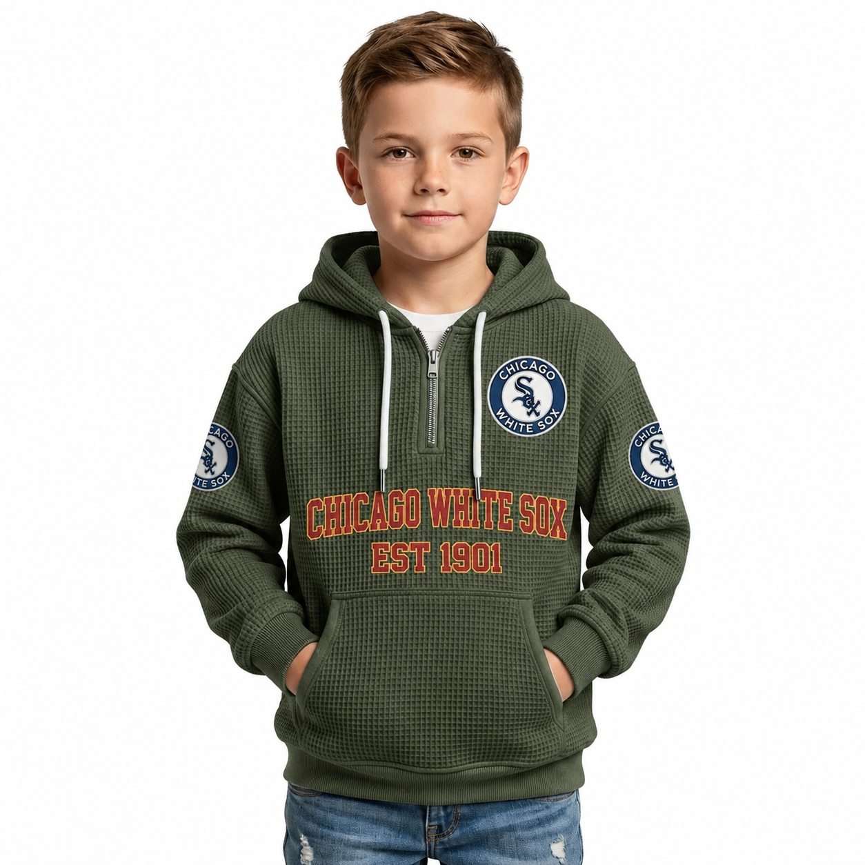 Chicago White Sox EST 1901 Printed Waffle Quarter Zip Baseball Fan Hoodie For Kids