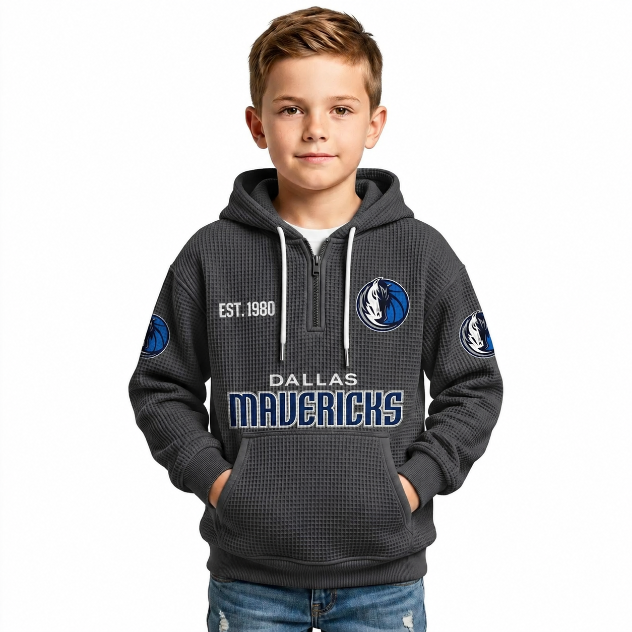 Dallas Mavericks EST 1980 Printed Waffle Quarter Zip Basketball Fan Hoodie For Kids
