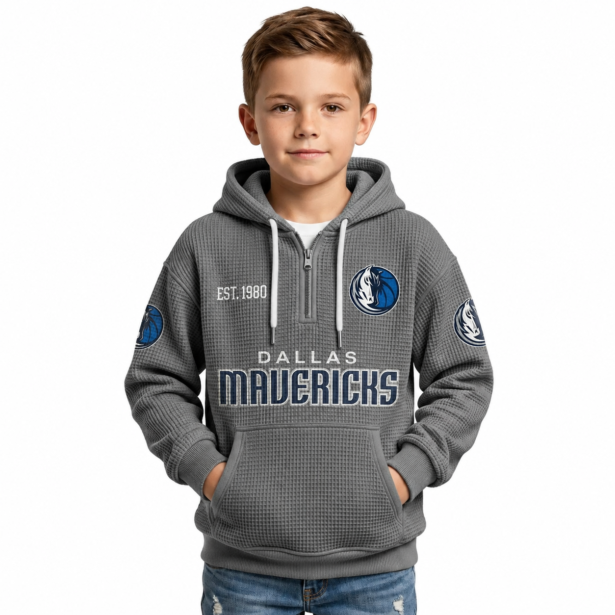 Dallas Mavericks EST 1980 Printed Waffle Quarter Zip Basketball Fan Hoodie For Kids