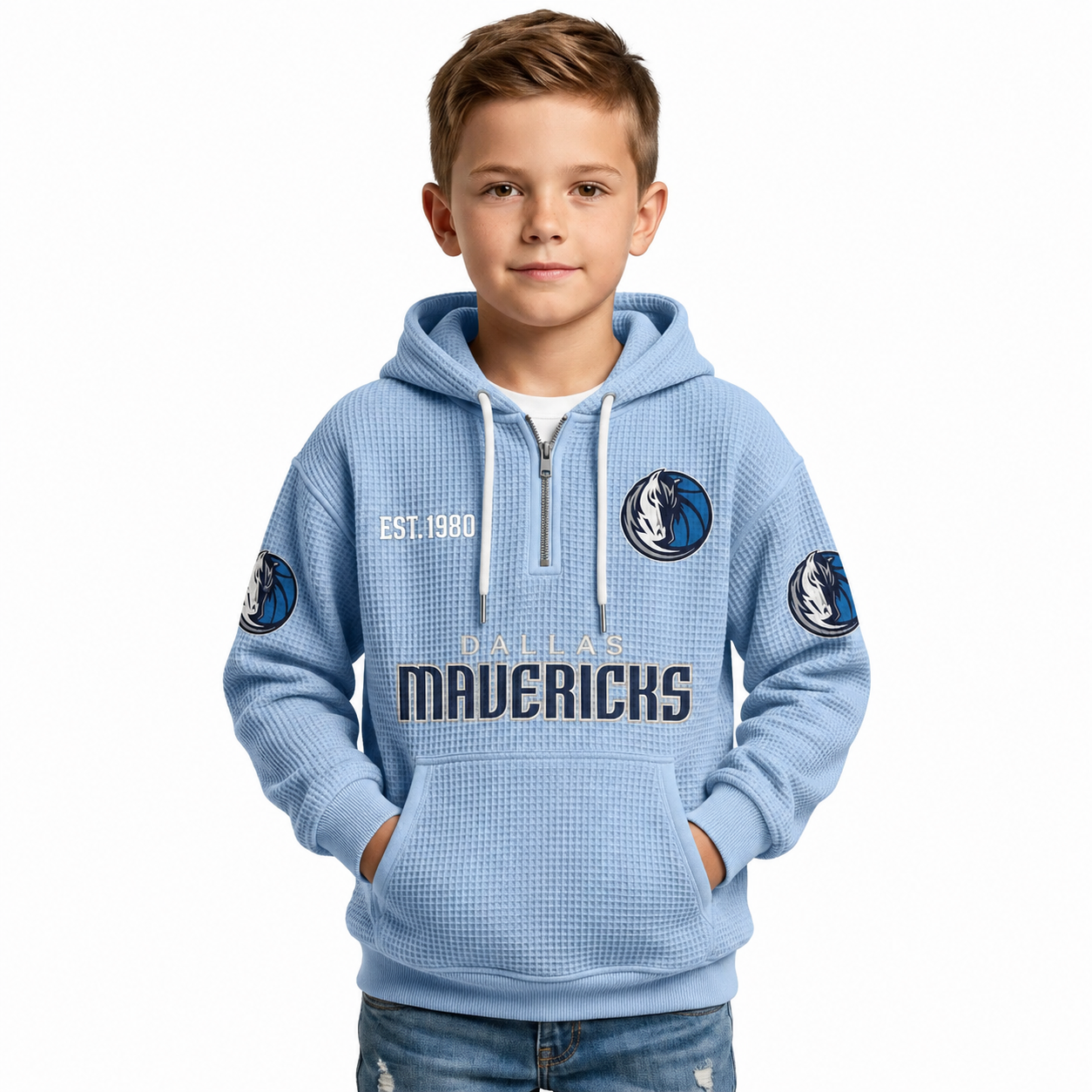 Dallas Mavericks EST 1980 Printed Waffle Quarter Zip Basketball Fan Hoodie For Kids