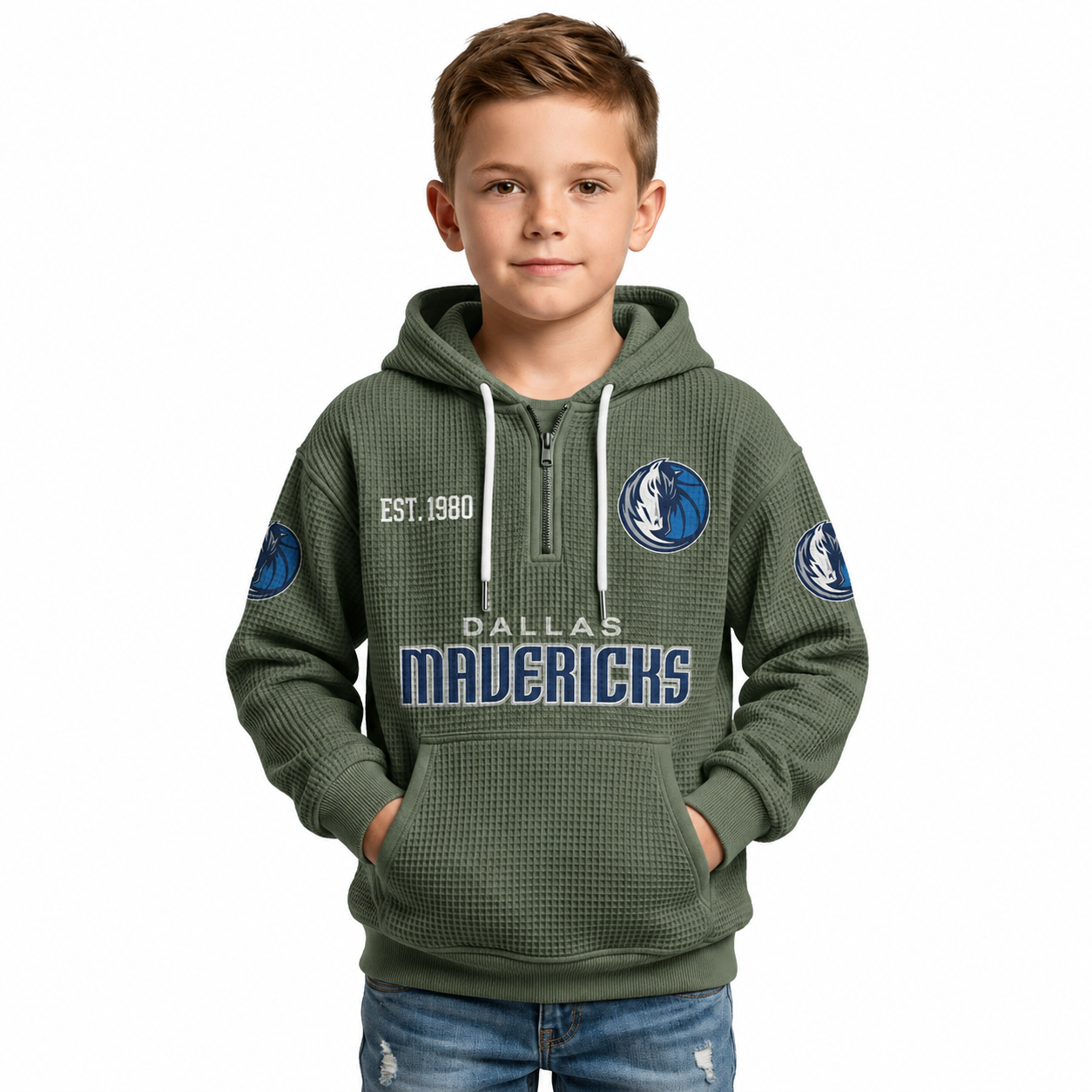 Dallas Mavericks EST 1980 Printed Waffle Quarter Zip Basketball Fan Hoodie For Kids