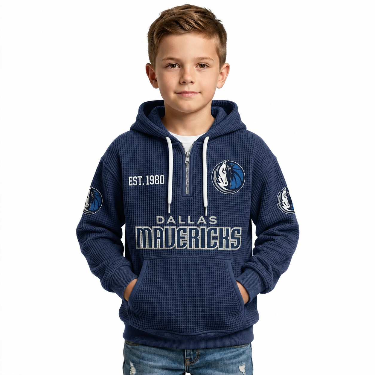 Dallas Mavericks EST 1980 Printed Waffle Quarter Zip Basketball Fan Hoodie For Kids