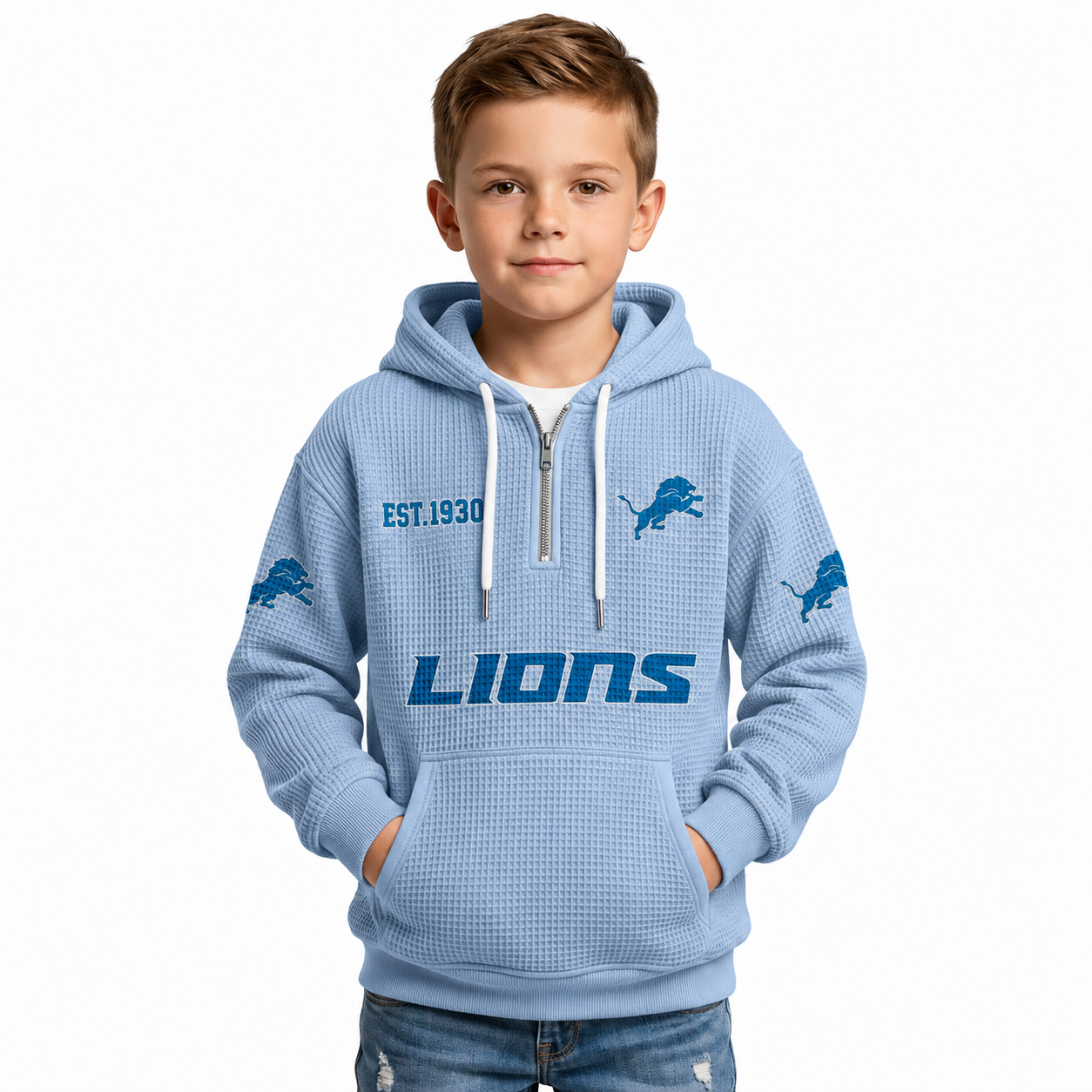 Detroit Lions EST 1930 Printed Quarter Zip Hoodie For Kids