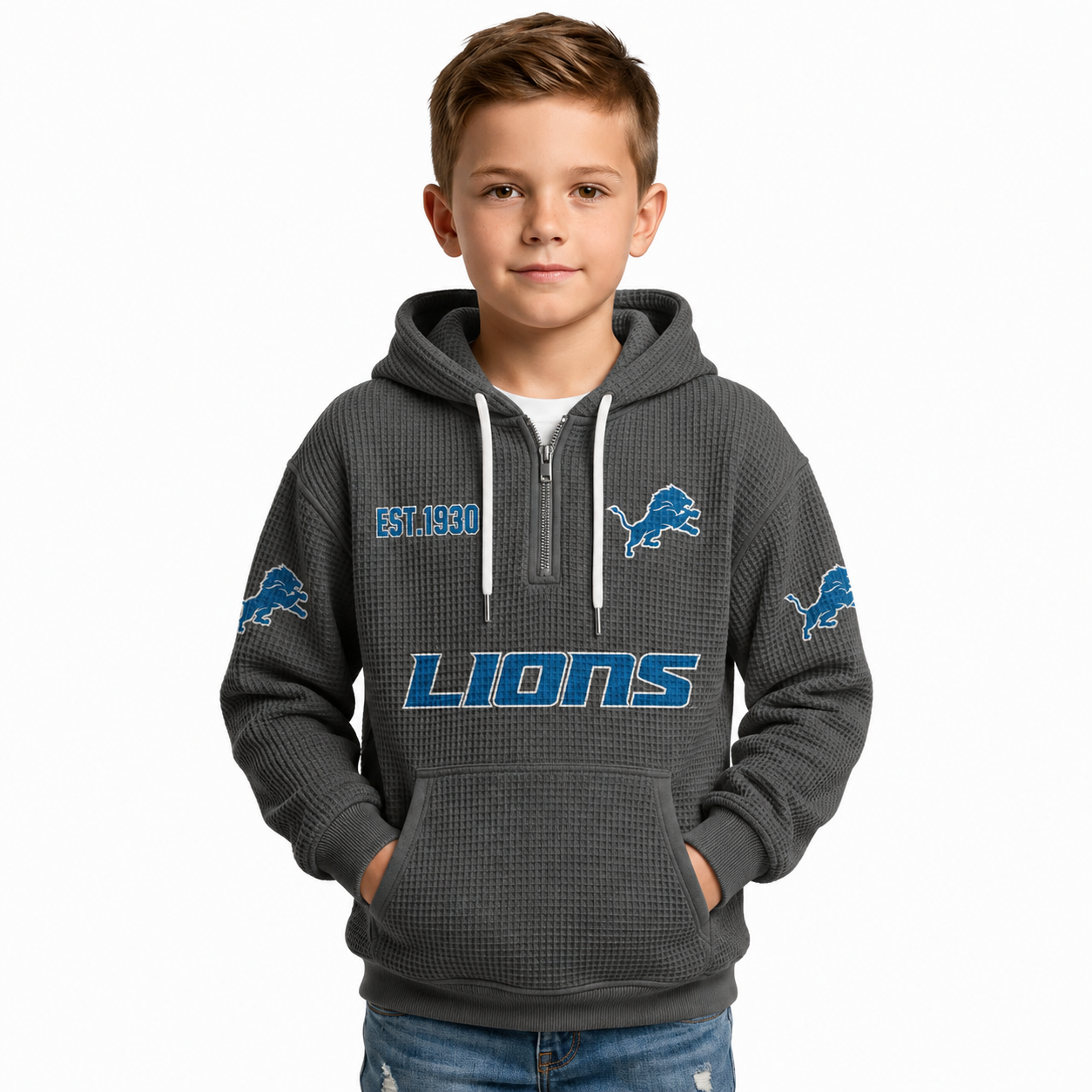 Detroit Lions EST 1930 Printed Quarter Zip Hoodie For Kids