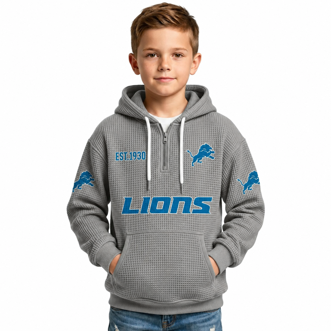 Detroit Lions EST 1930 Printed Quarter Zip Hoodie For Kids
