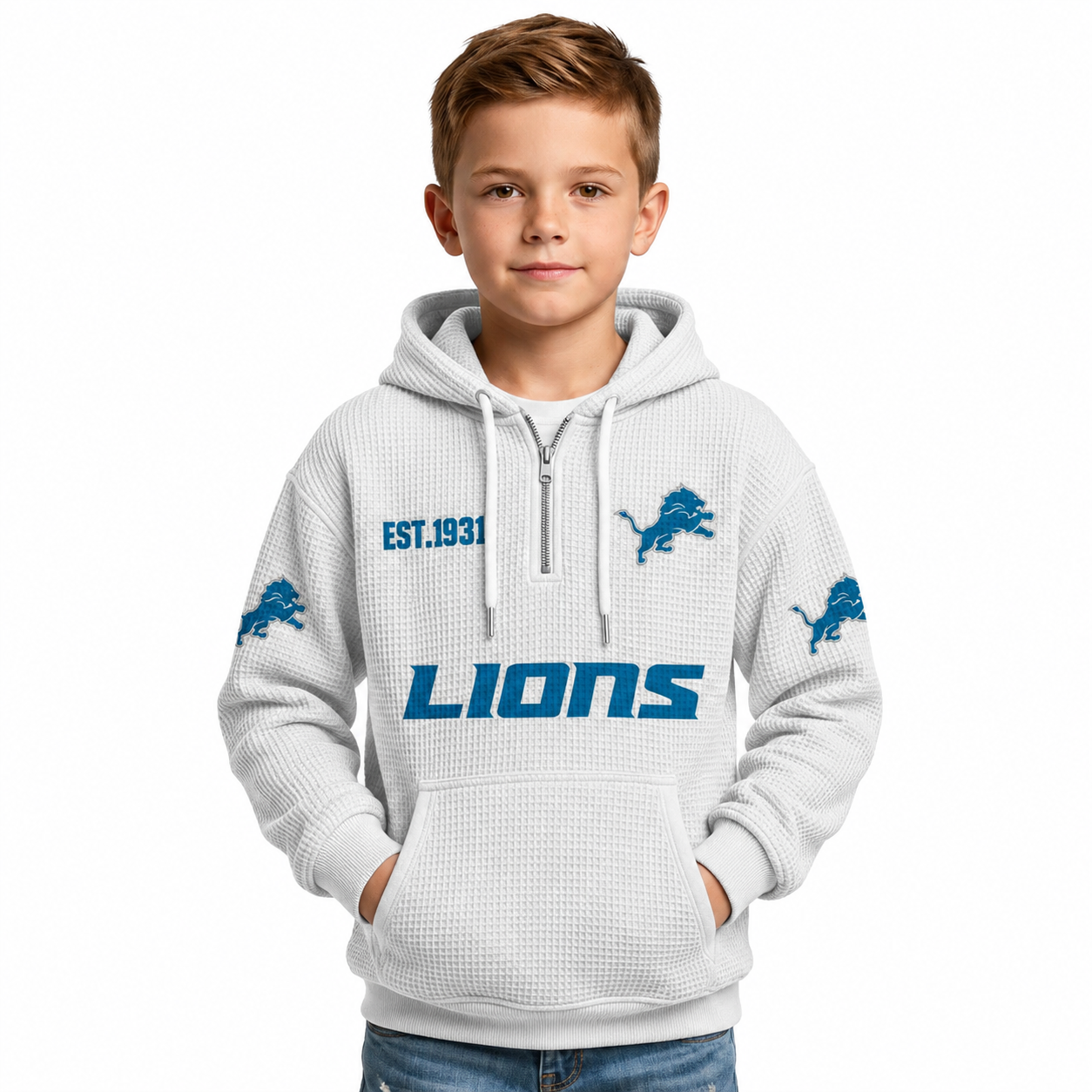 Detroit Lions EST 1930 Printed Quarter Zip Hoodie For Kids