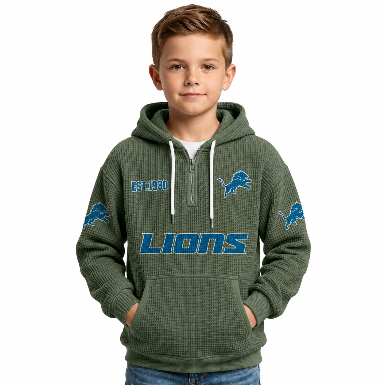 Detroit Lions EST 1930 Printed Quarter Zip Hoodie For Kids