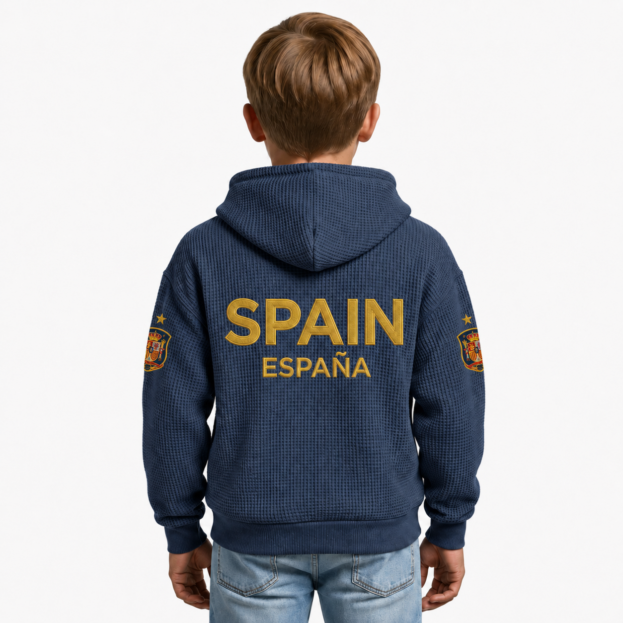 Spain Printed Waffle Quarter Zip Football Fan Hoodie For Kids