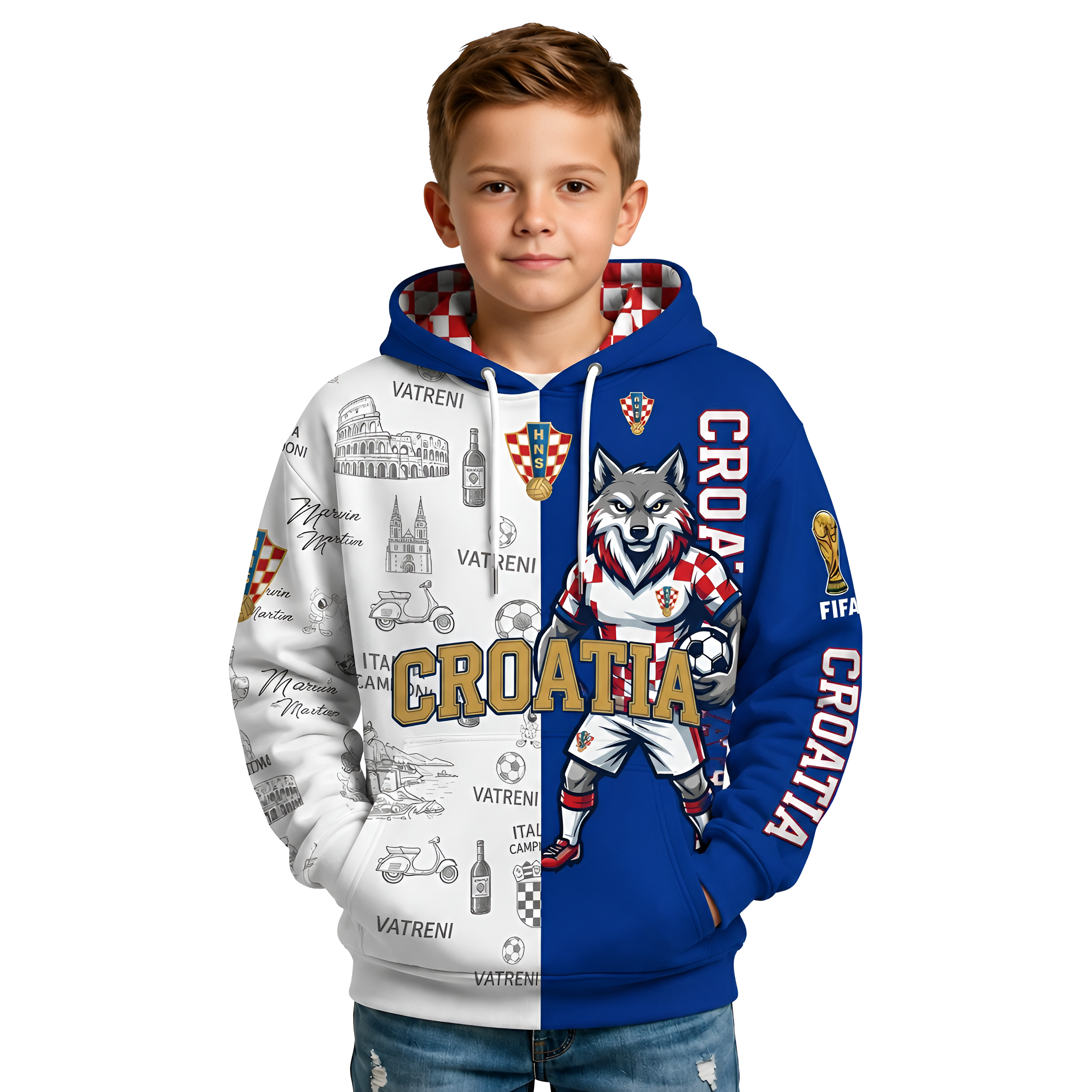 FIFA 2026 Croatia Football Themed All Over Printed Hoodie For Kids