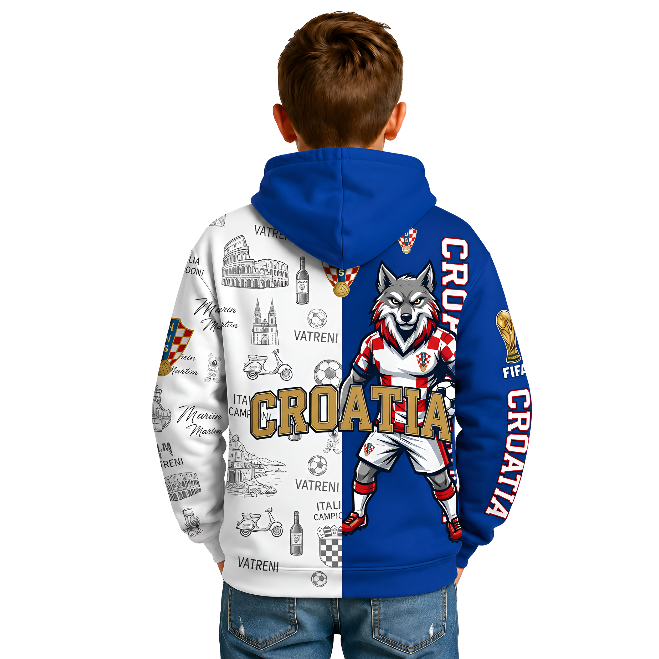 FIFA 2026 Croatia Football Themed All Over Printed Hoodie For Kids