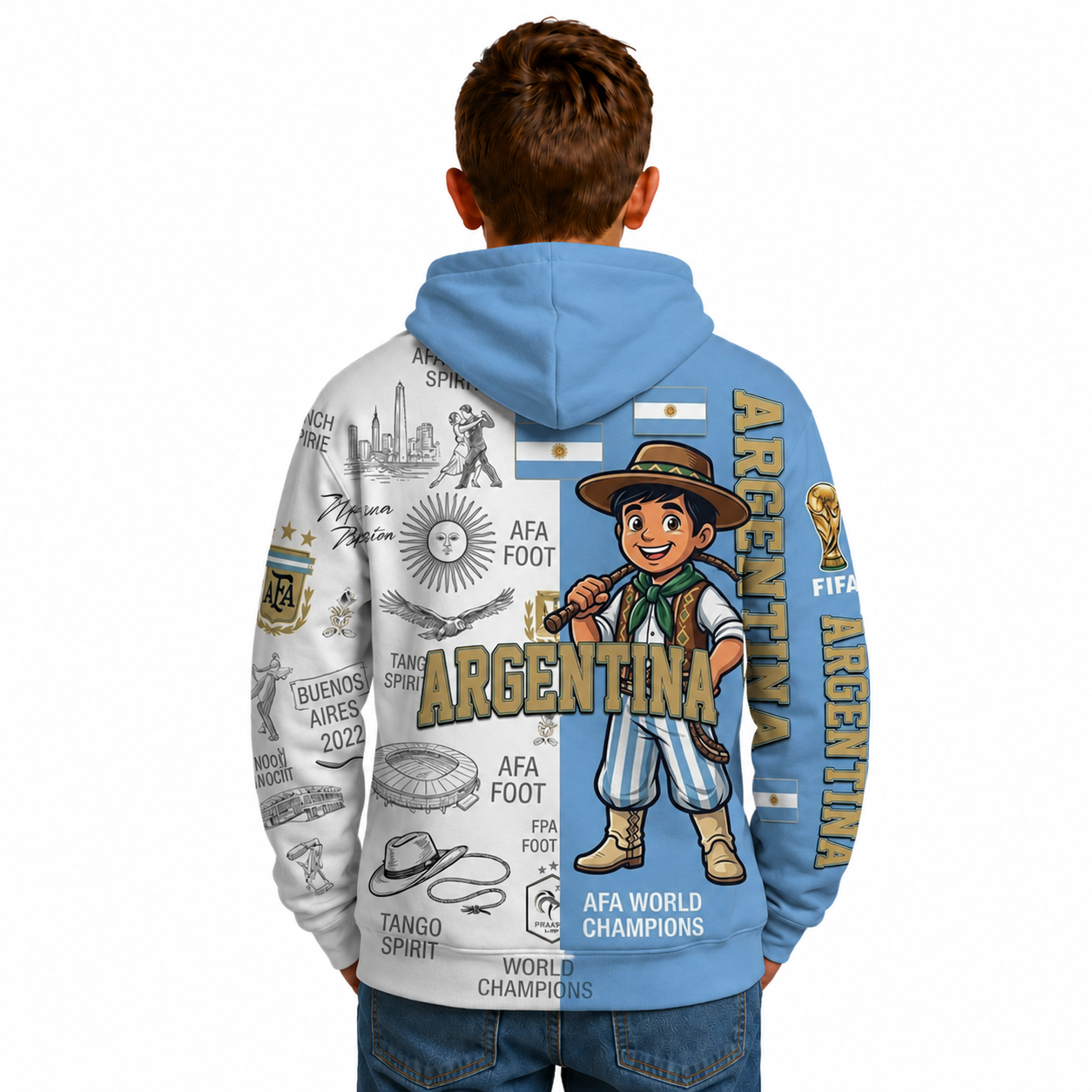 FIFA 2026 Argentina Football Themed All Over Printed Hoodie For Kids