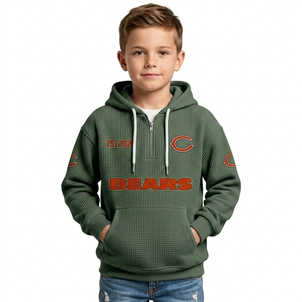 Chicago Bears EST 1920 Printed Quarter Zip Waffle Football Fan Hoodie For Kids