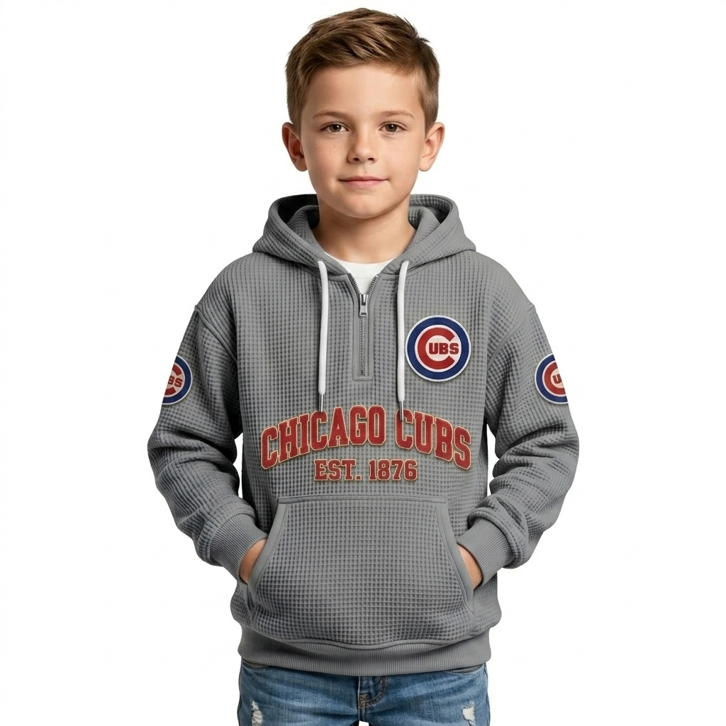 Chicago Cubs EST 1876 Printed Waffle Quarter Zip Baseball Fan Hoodie For Kids