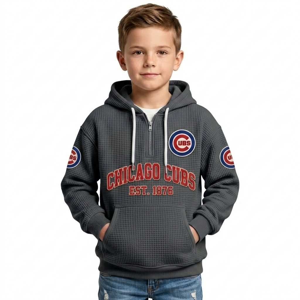Chicago Cubs EST 1876 Printed Waffle Quarter Zip Baseball Fan Hoodie For Kids