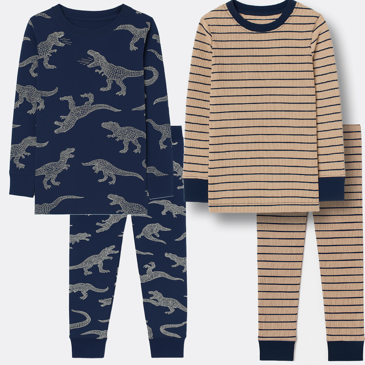 4 Piece Kids Pajama Set With Stripes And Dinosaur Prints-Cozy Stroller
