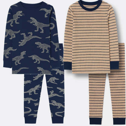 4 Piece Kids Pajama Set With Stripes And Dinosaur Prints-Cozy Stroller