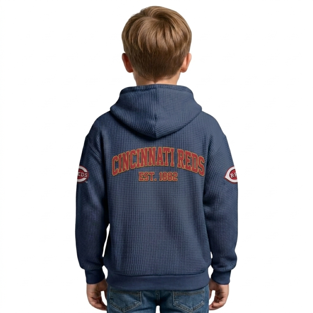 Cincinnati Reds EST 1882 Printed Waffle Quarter Zip Baseball Fan Hoodie For Kids