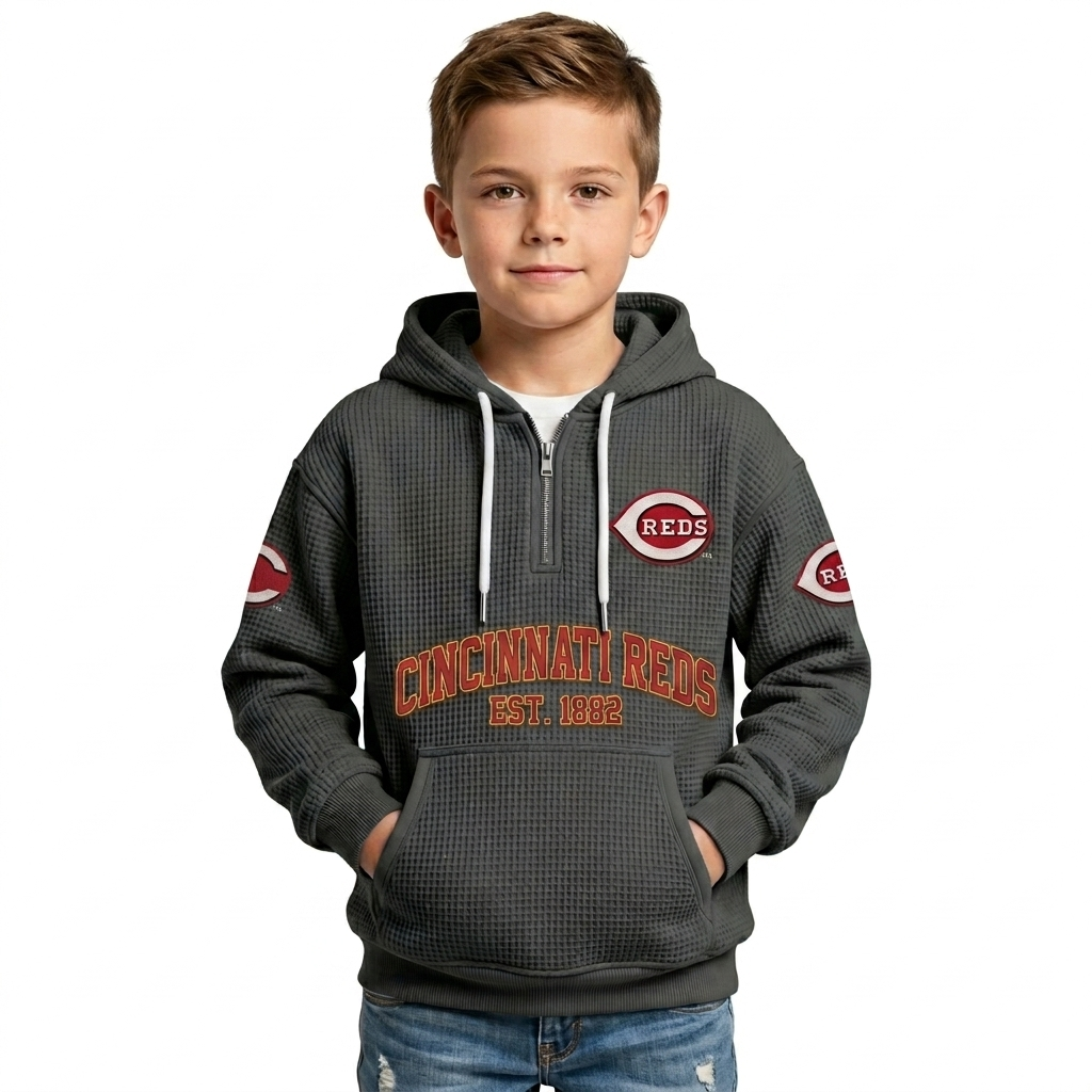 Cincinnati Reds EST 1882 Printed Waffle Quarter Zip Baseball Fan Hoodie For Kids