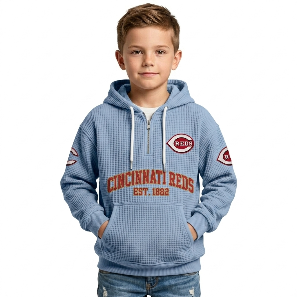 Cincinnati Reds EST 1882 Printed Waffle Quarter Zip Baseball Fan Hoodie For Kids