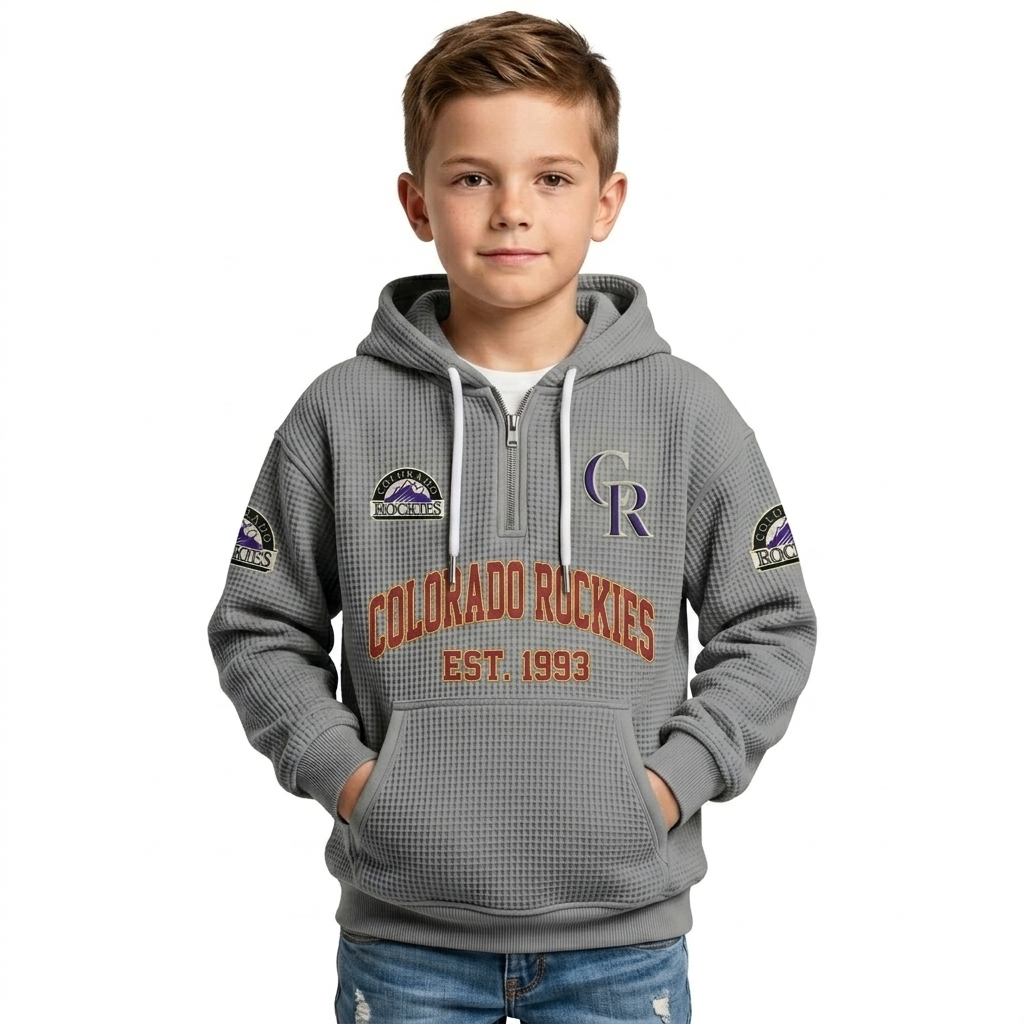 Colorado Rockies EST 1993 Printed Waffle Quarter Zip Baseball Fan Hoodie For Kids
