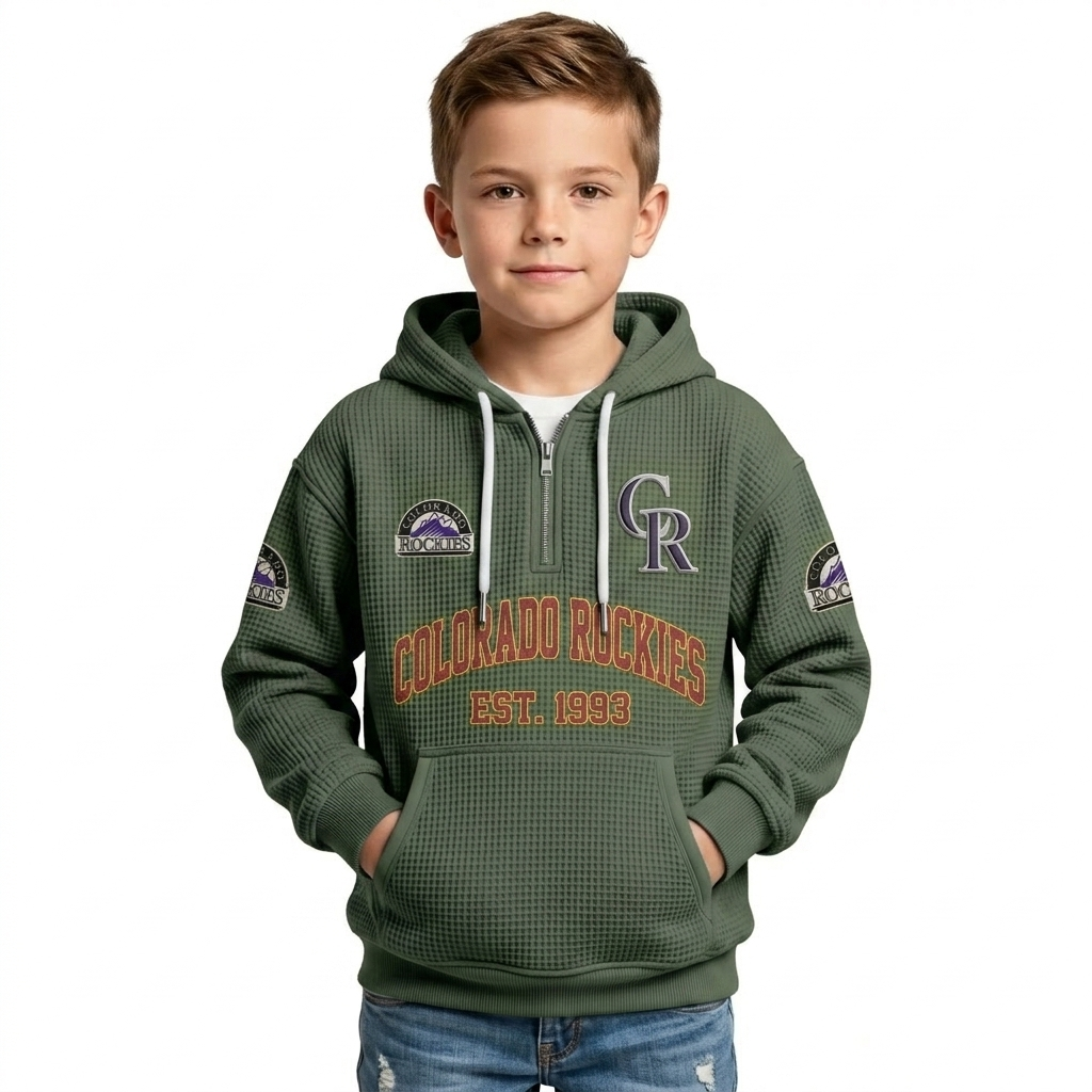 Colorado Rockies EST 1993 Printed Waffle Quarter Zip Baseball Fan Hoodie For Kids