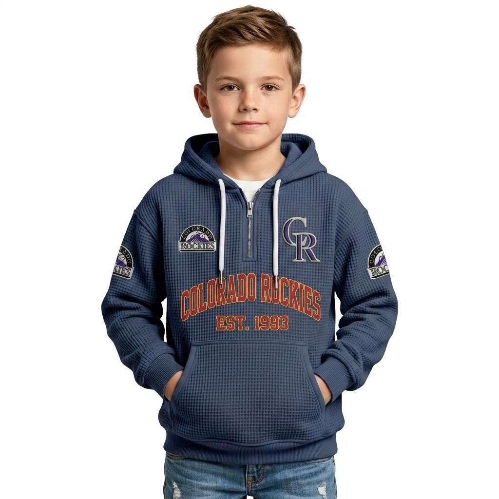 Colorado Rockies EST 1993 Printed Waffle Quarter Zip Baseball Fan Hoodie For Kids