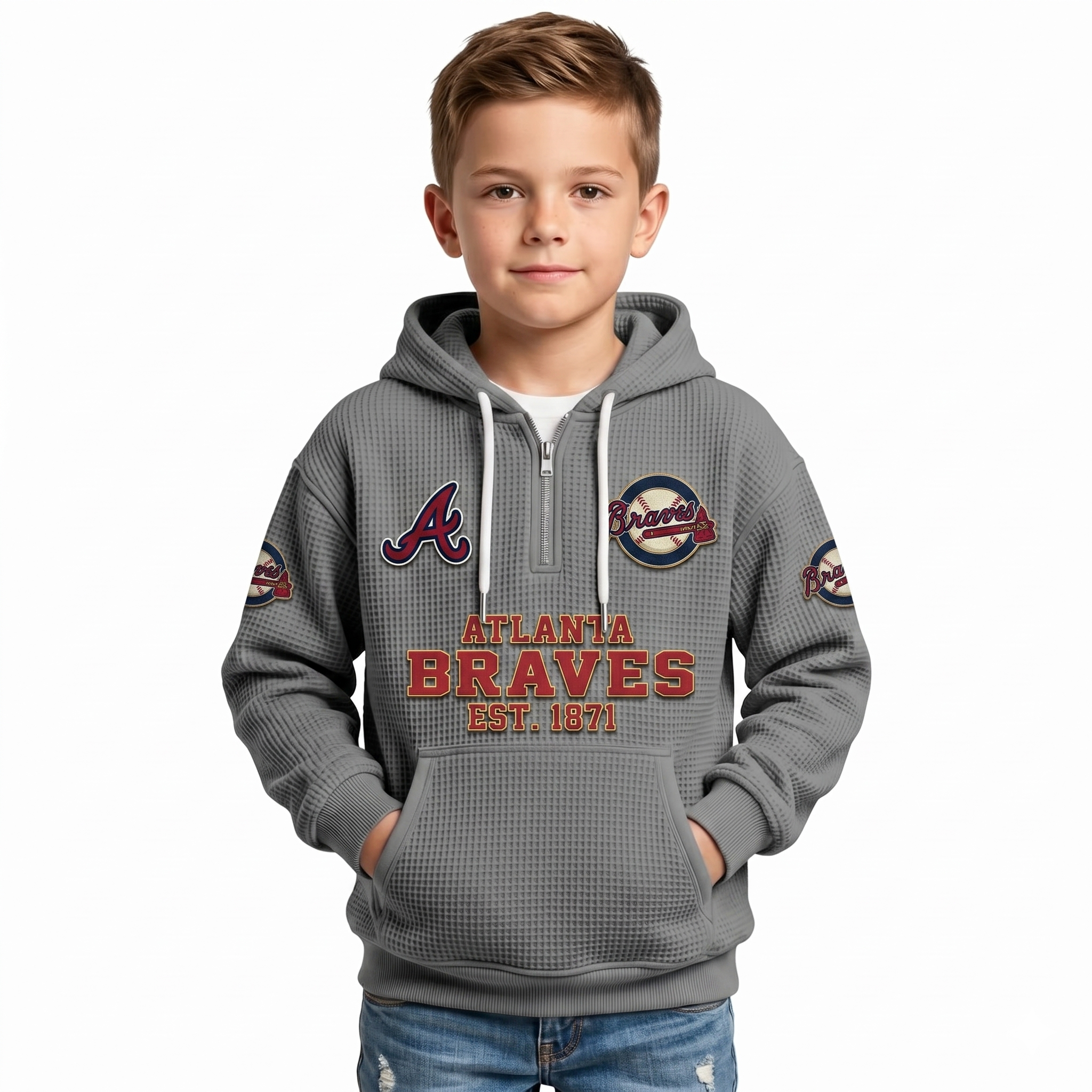 Atlanta Braves EST 1871 Printed Waffle Quarter Zip Baseball Fan Hoodie For Kids