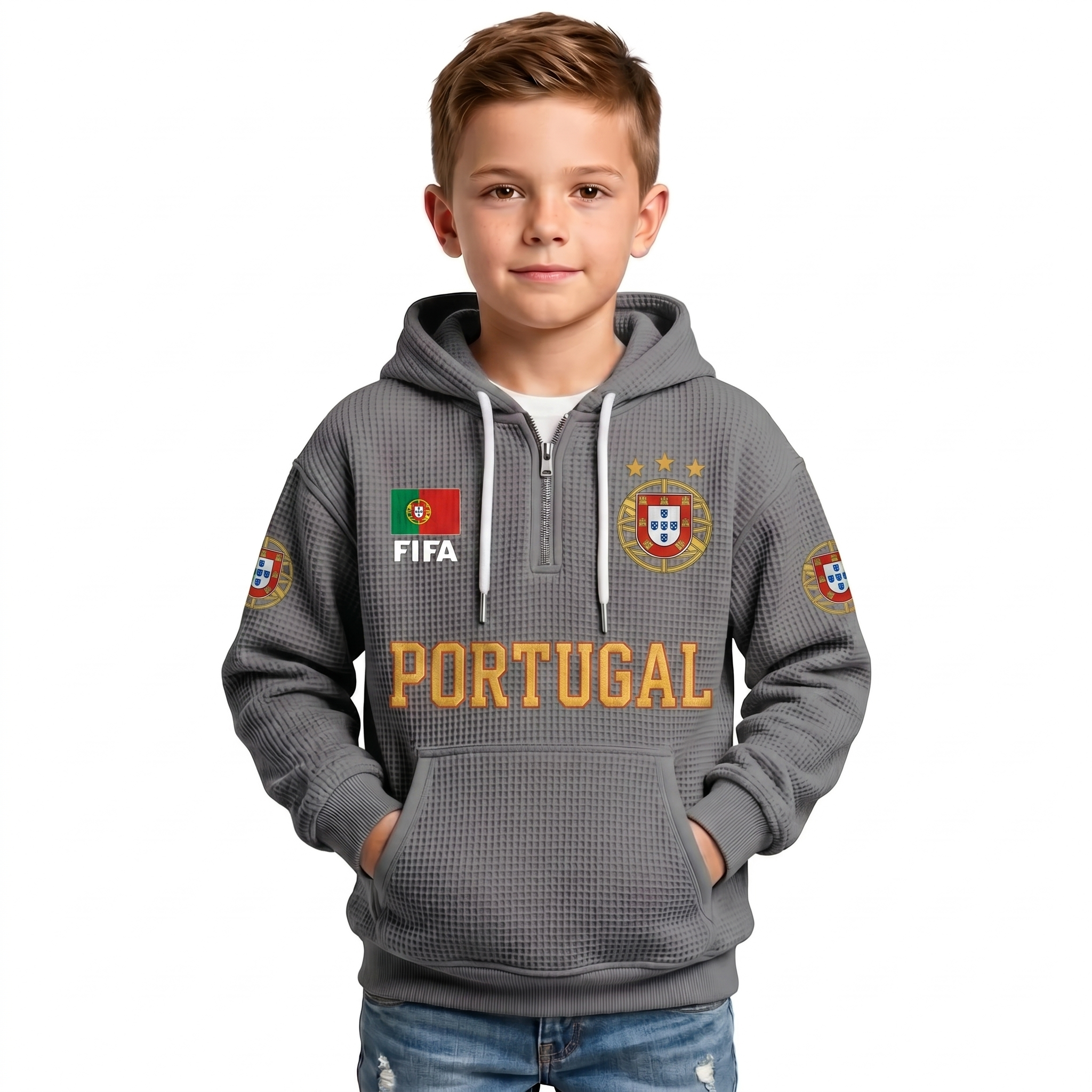 FIFA 2026 Portugal Printed Waffle Quarter Zip Football Fan Hoodie For Kids