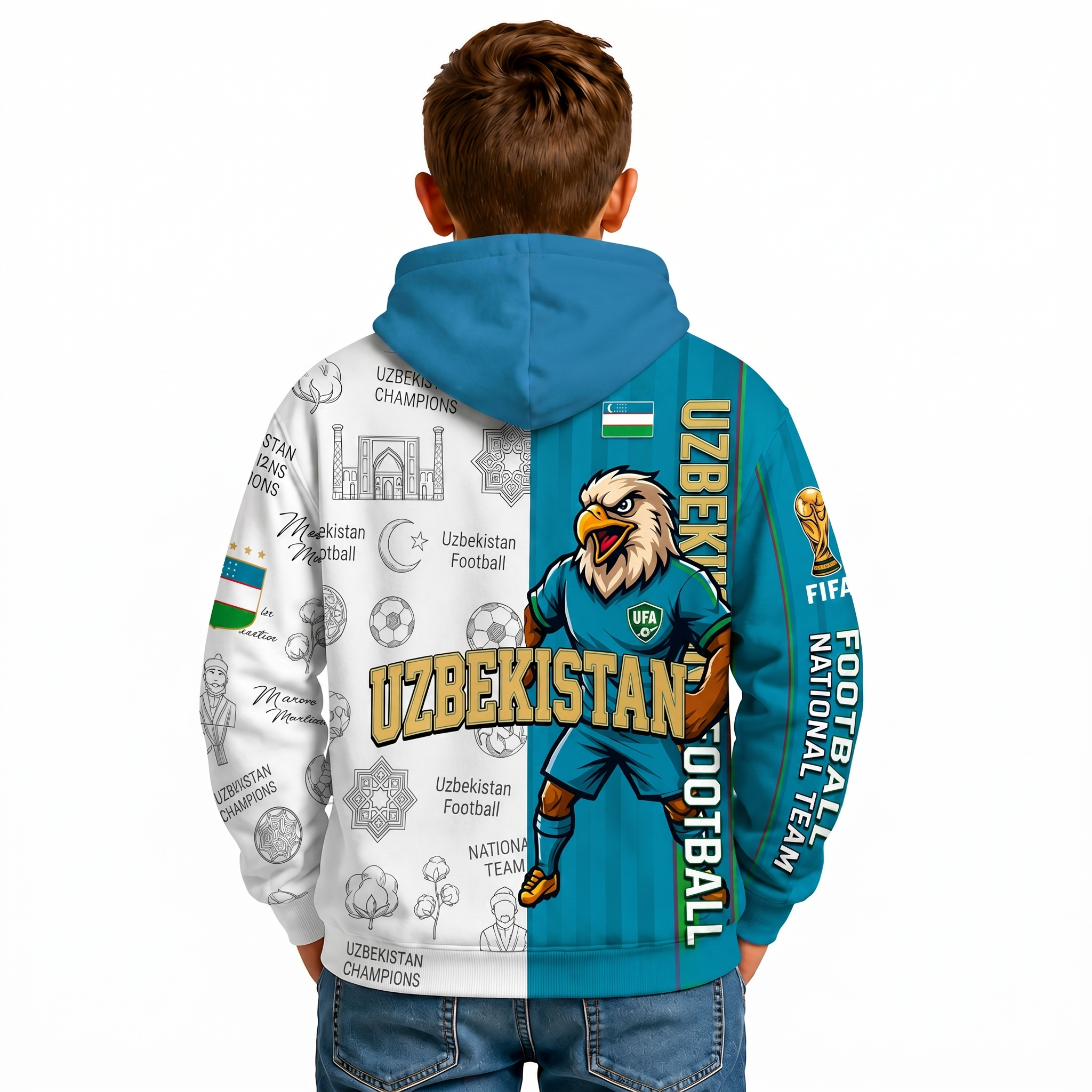 FIFA 2026 Uzbekistan Football Themed All Over Printed Hoodie For Kids