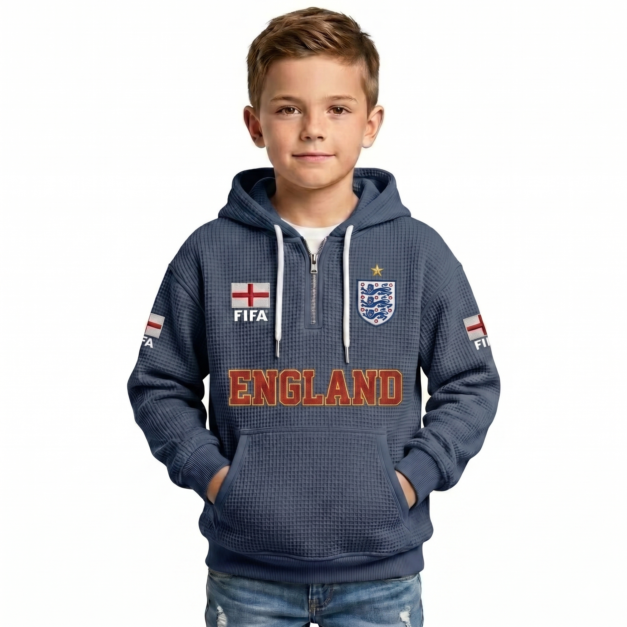 FIFA 2026 England Printed Waffle Quarter Zip Football Fan Hoodie For Kids