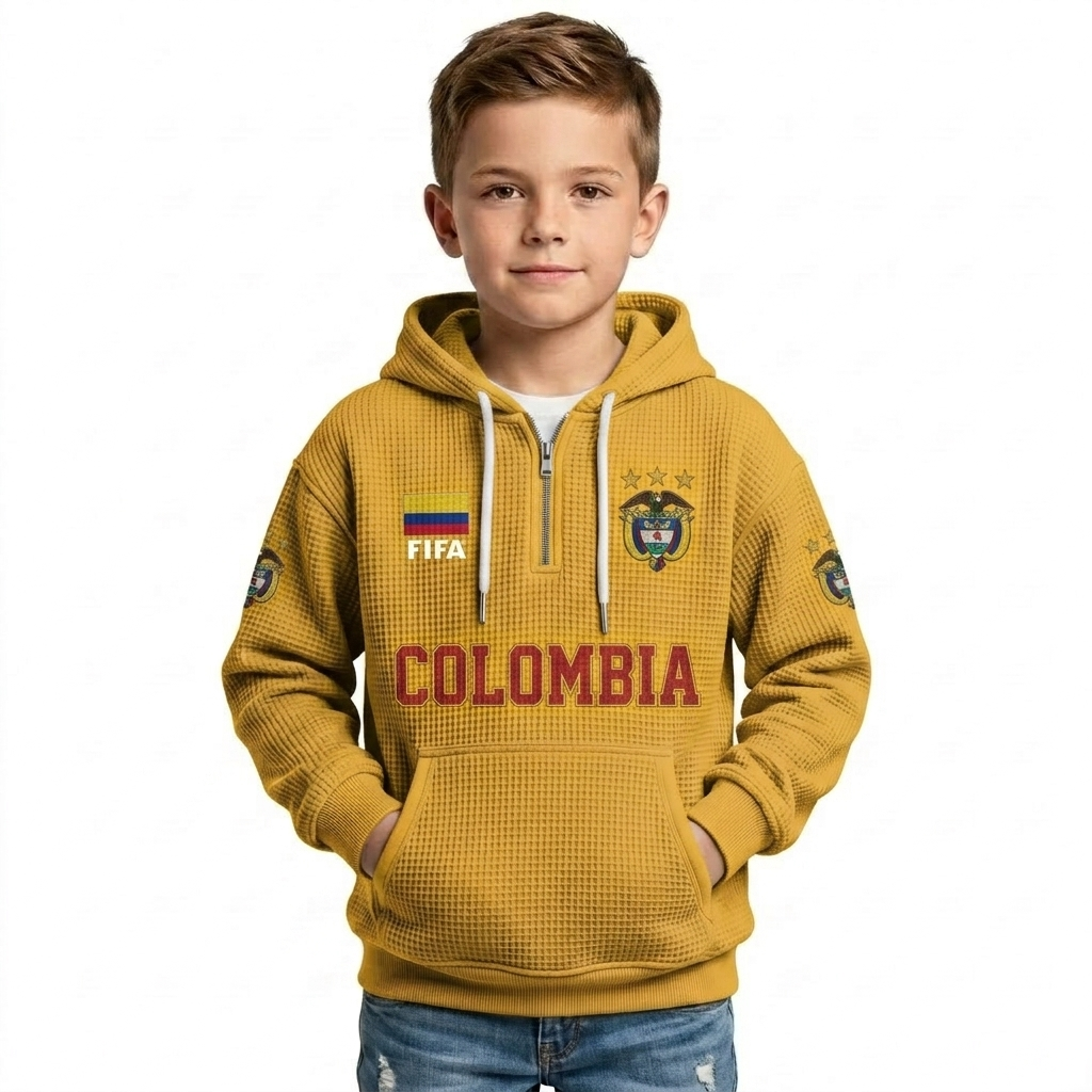FIFA 2026 Colombia Printed Waffle Quarter Zip Football Fan Hoodie For Kids