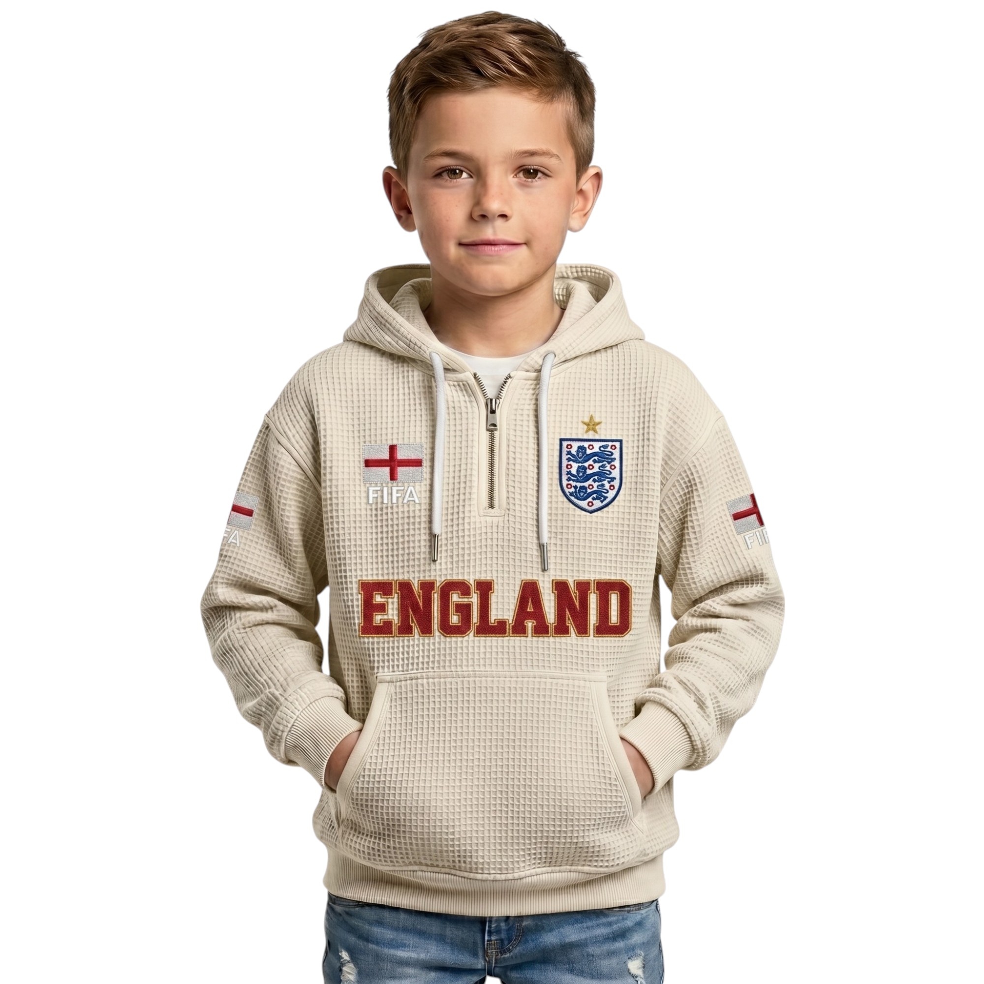 FIFA 2026 England Printed Waffle Quarter Zip Football Fan Hoodie For Kids