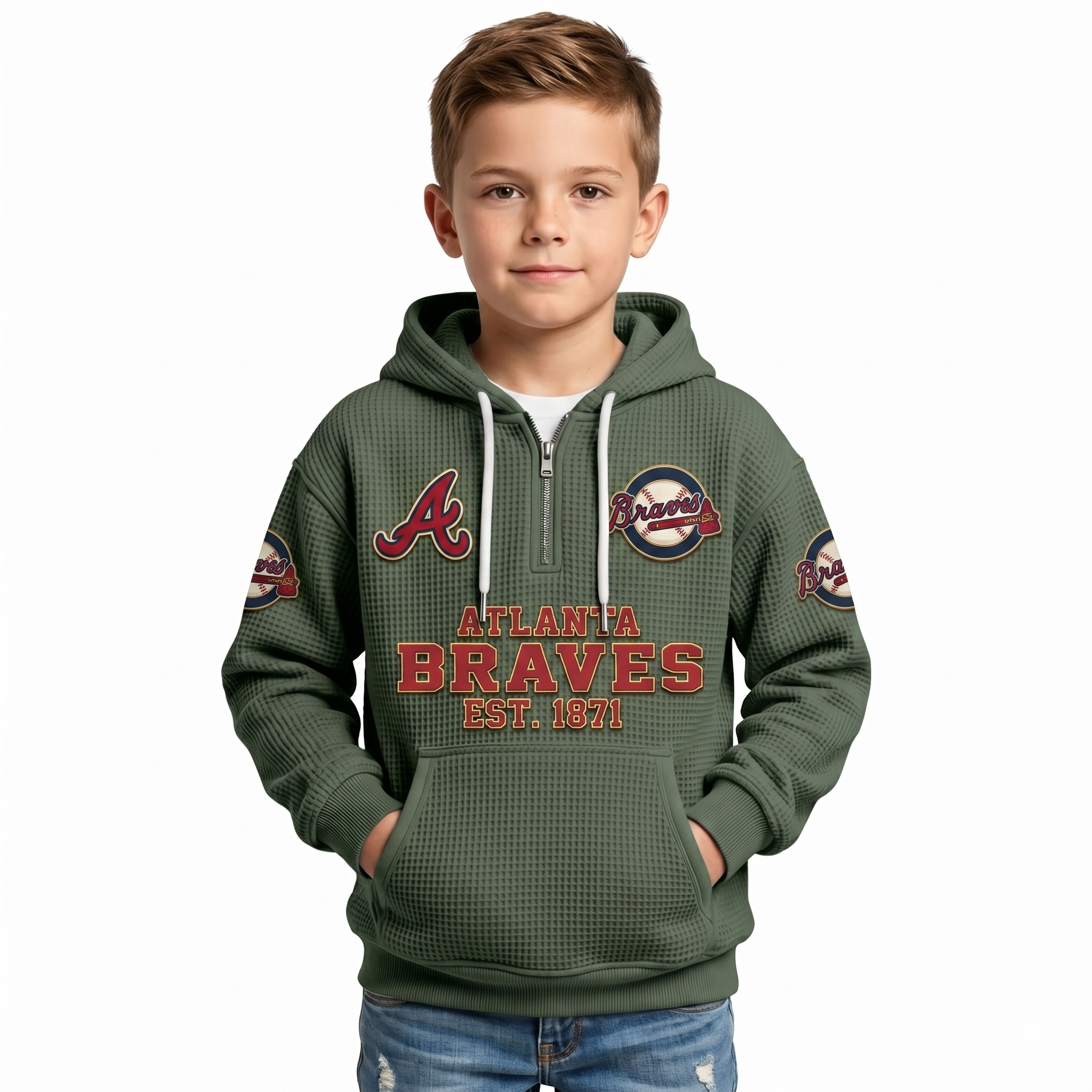 Atlanta Braves EST 1871 Printed Waffle Quarter Zip Baseball Fan Hoodie For Kids