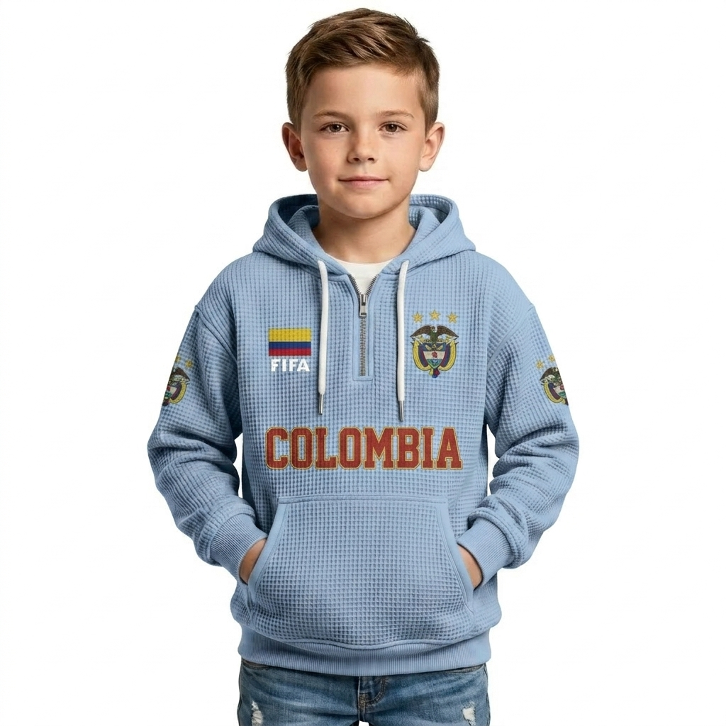 FIFA 2026 Colombia Printed Waffle Quarter Zip Football Fan Hoodie For Kids