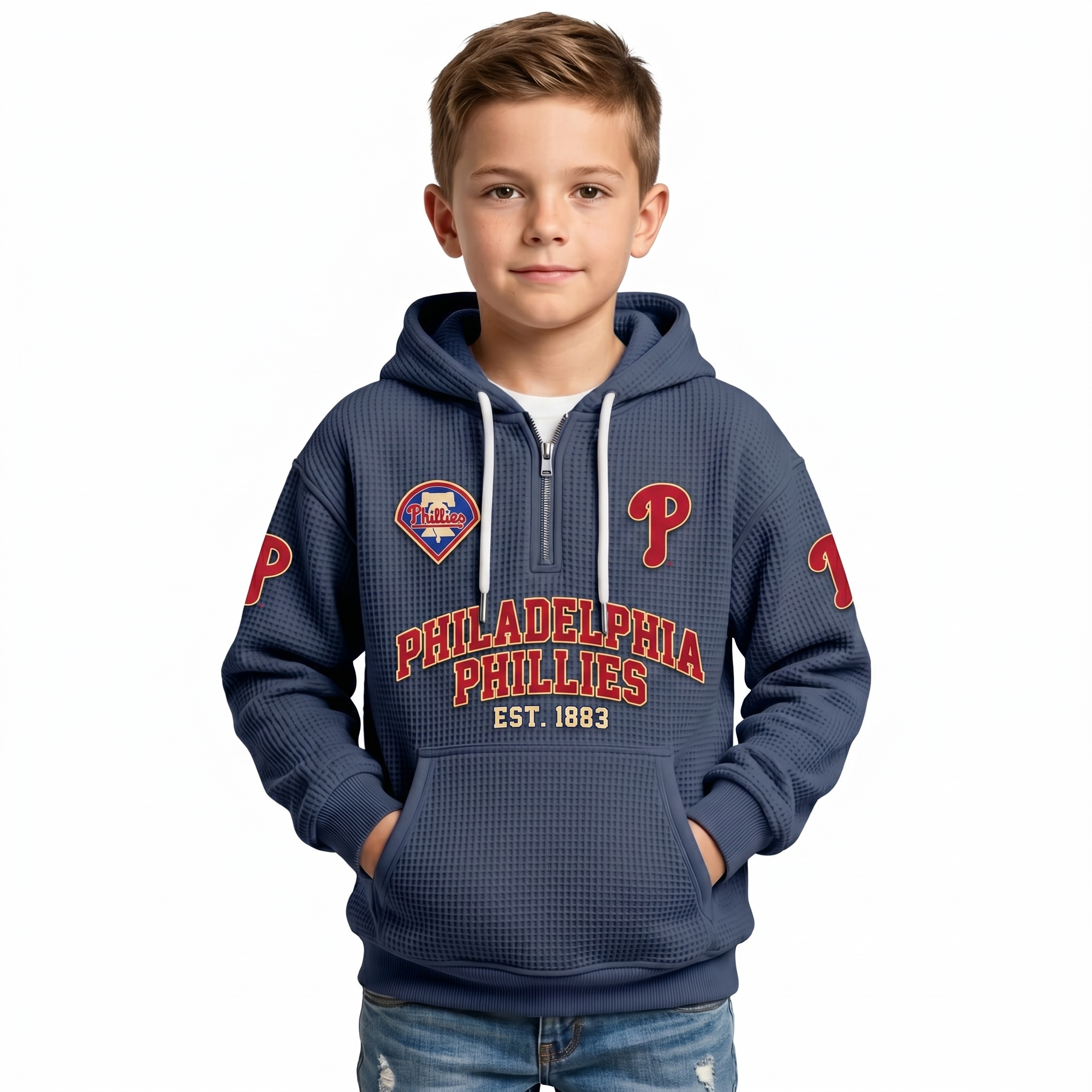 Philadelphia Phillies EST 1883 Printed Waffle Quarter Zip Baseball Fan Hoodie For Kids