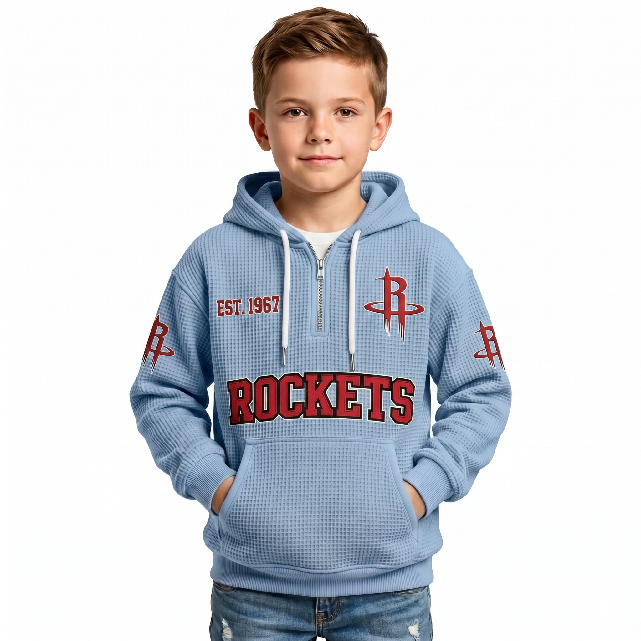 Houston Rockets EST 1967 Printed Waffle Quarter Zip Basketball Fan Hoodie For Kids