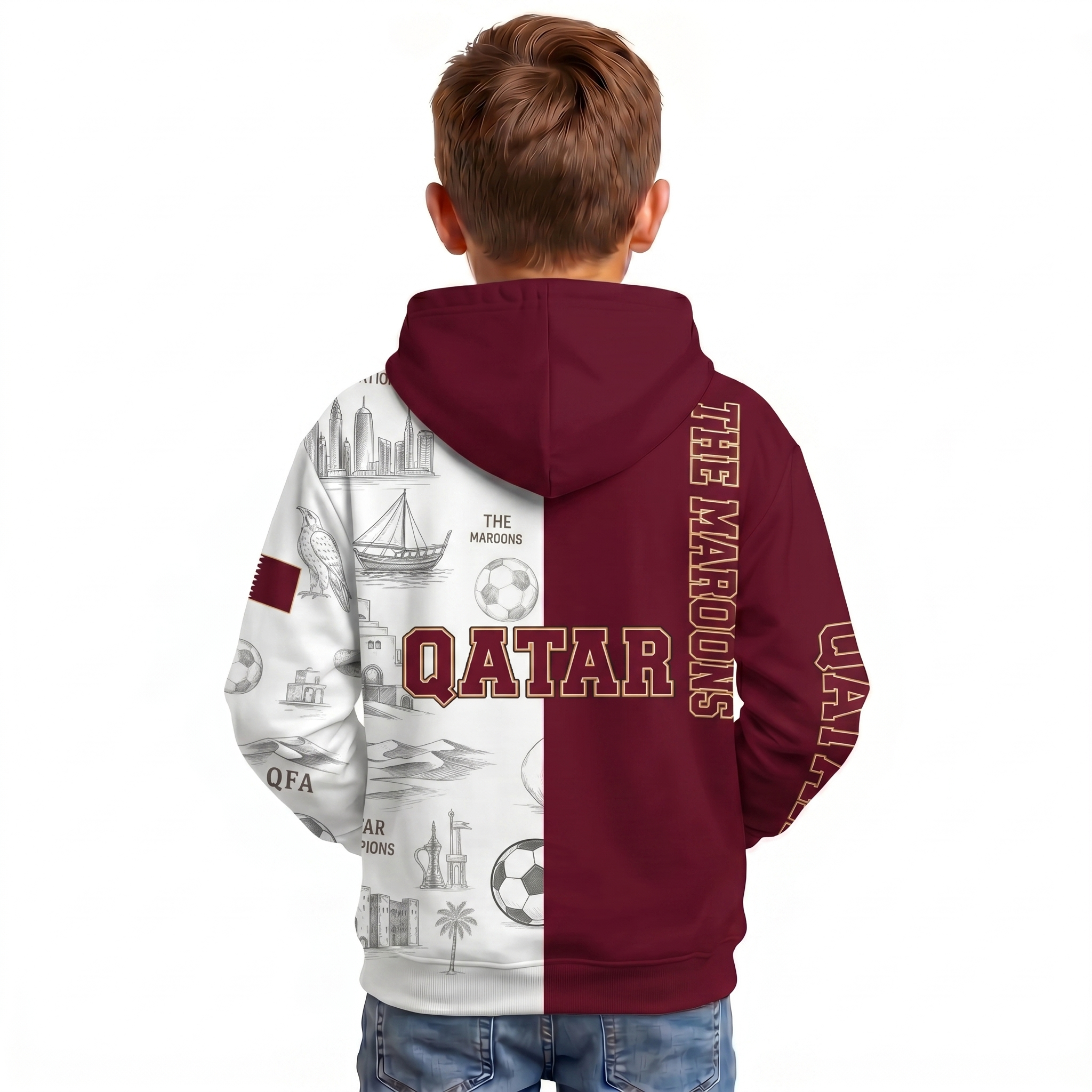 Qatar Football Themed All Over Printed Hoodie For Kids
