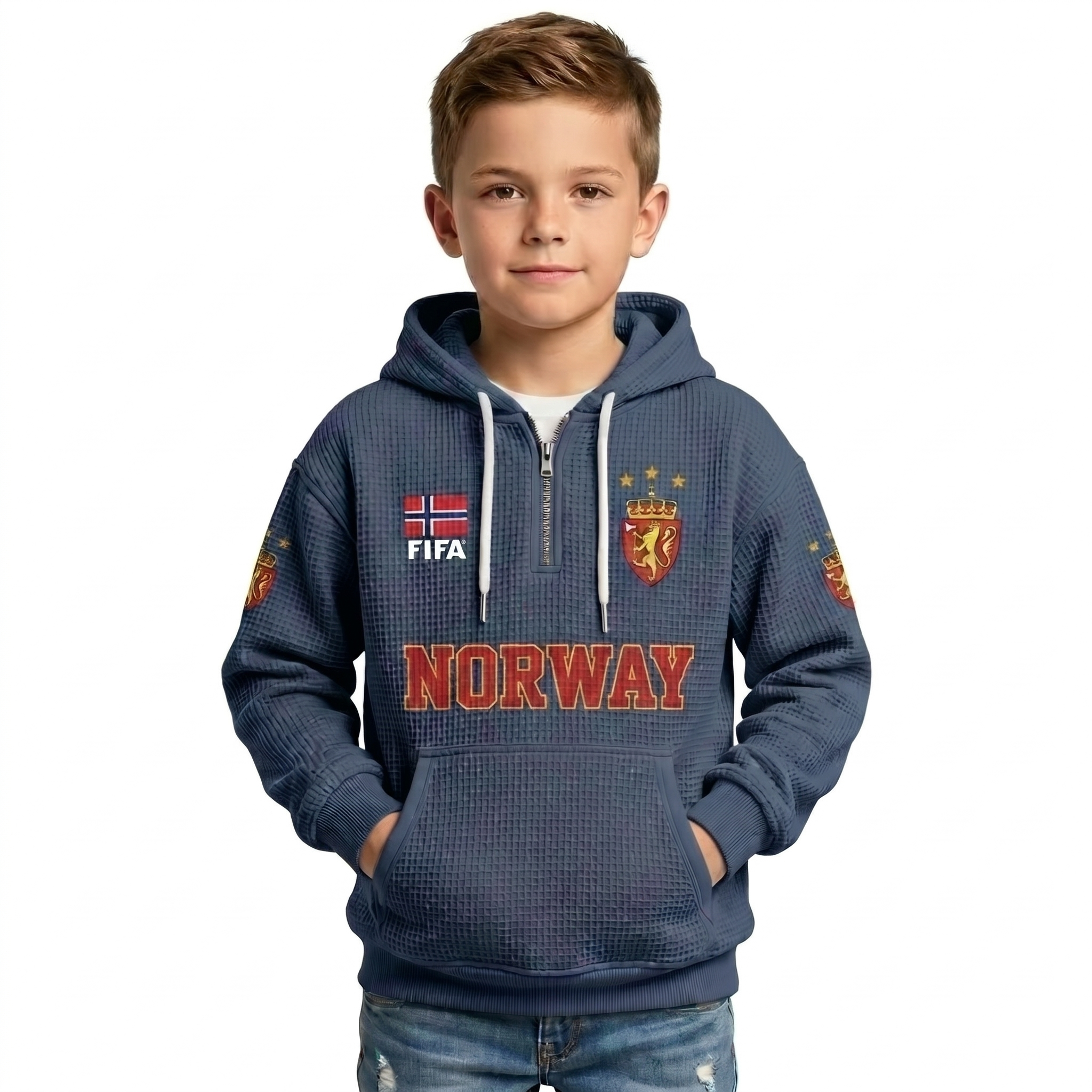 FIFA 2026 Norway Printed Waffle Quarter Zip Football Fan Hoodie For Kids