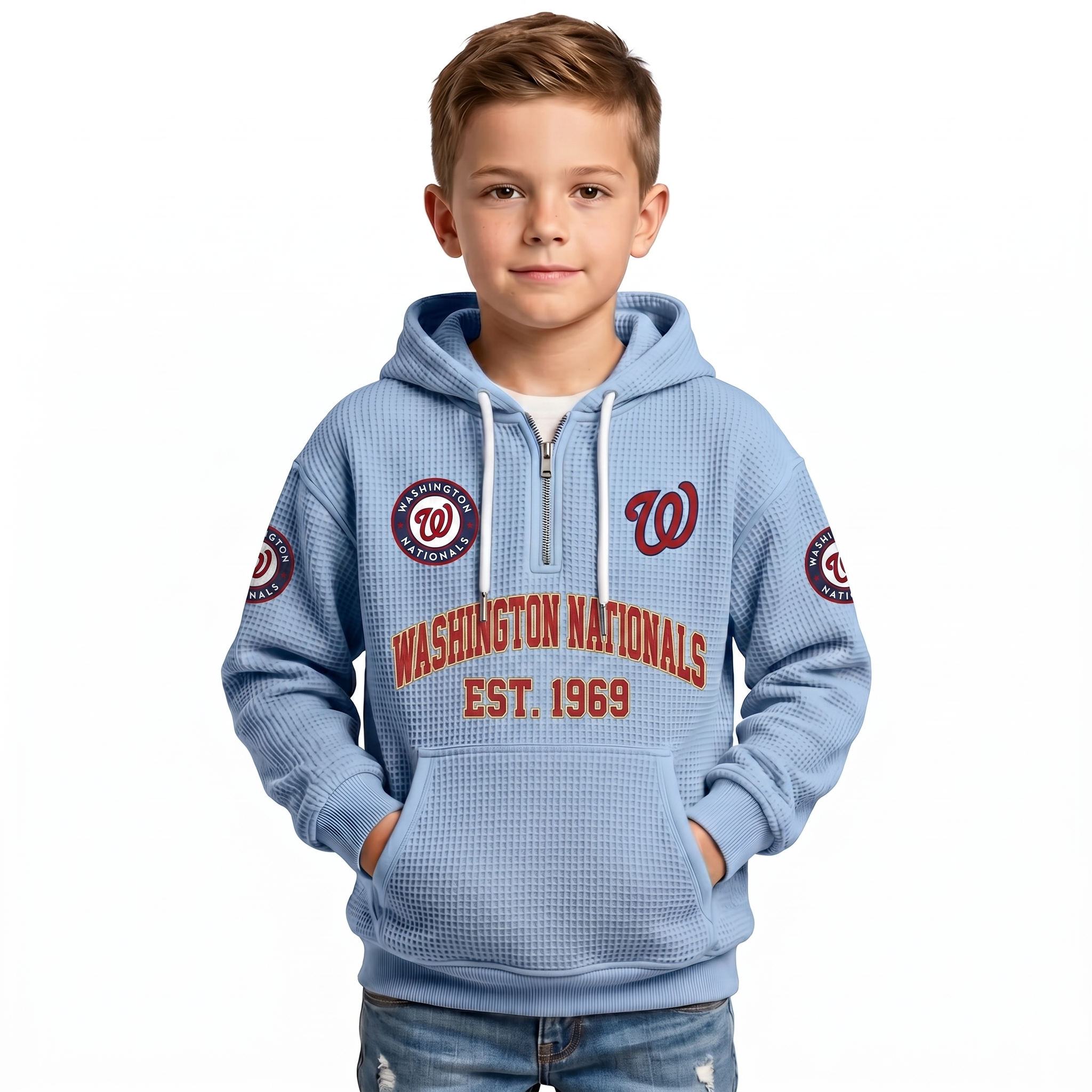 Washington Nationals EST 1969 Printed Waffle Quarter Zip Baseball Fan Hoodie For Kids