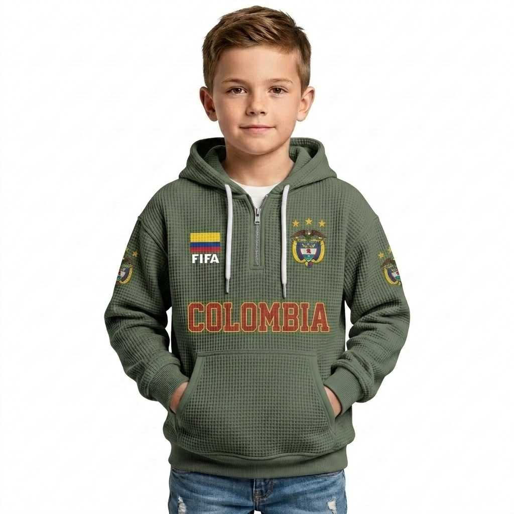 FIFA 2026 Colombia Printed Waffle Quarter Zip Football Fan Hoodie For Kids