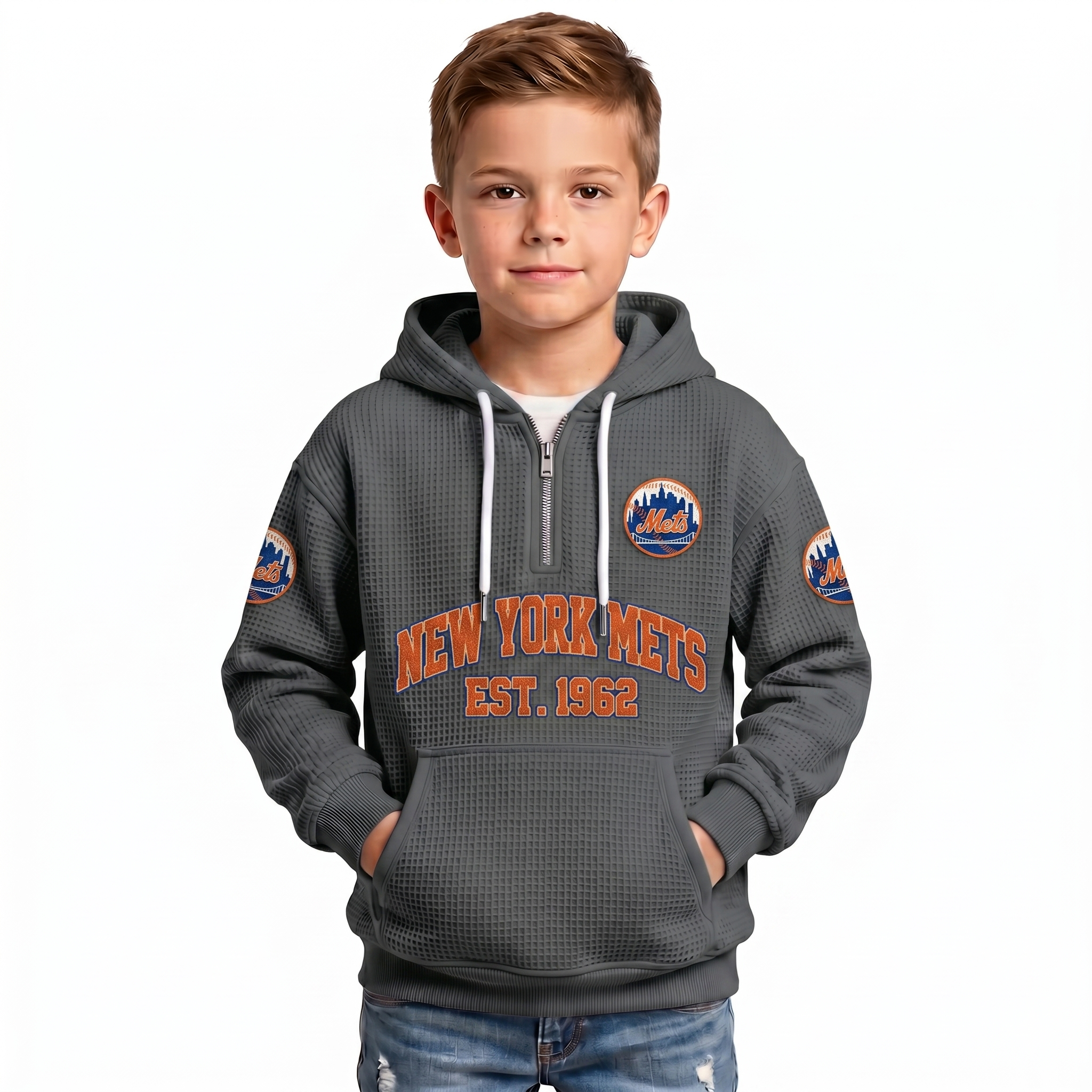 New York Mets EST 1962 Printed Waffle Quarter Zip Baseball Fan Hoodie For Kids