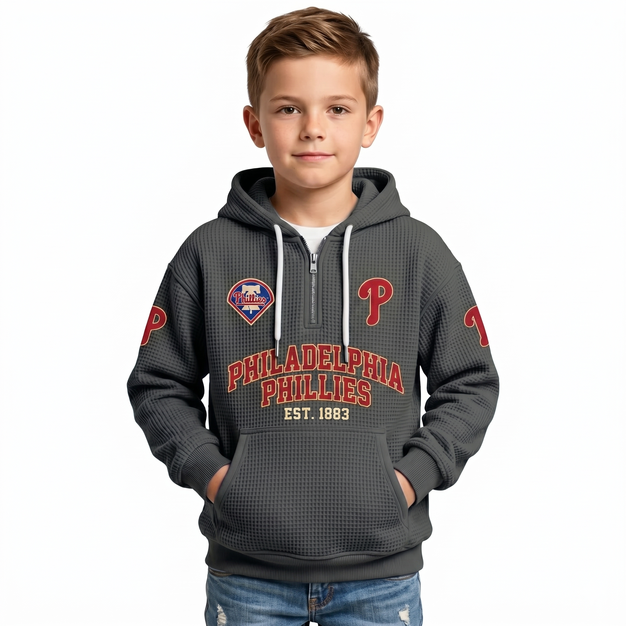 Philadelphia Phillies EST 1883 Printed Waffle Quarter Zip Baseball Fan Hoodie For Kids