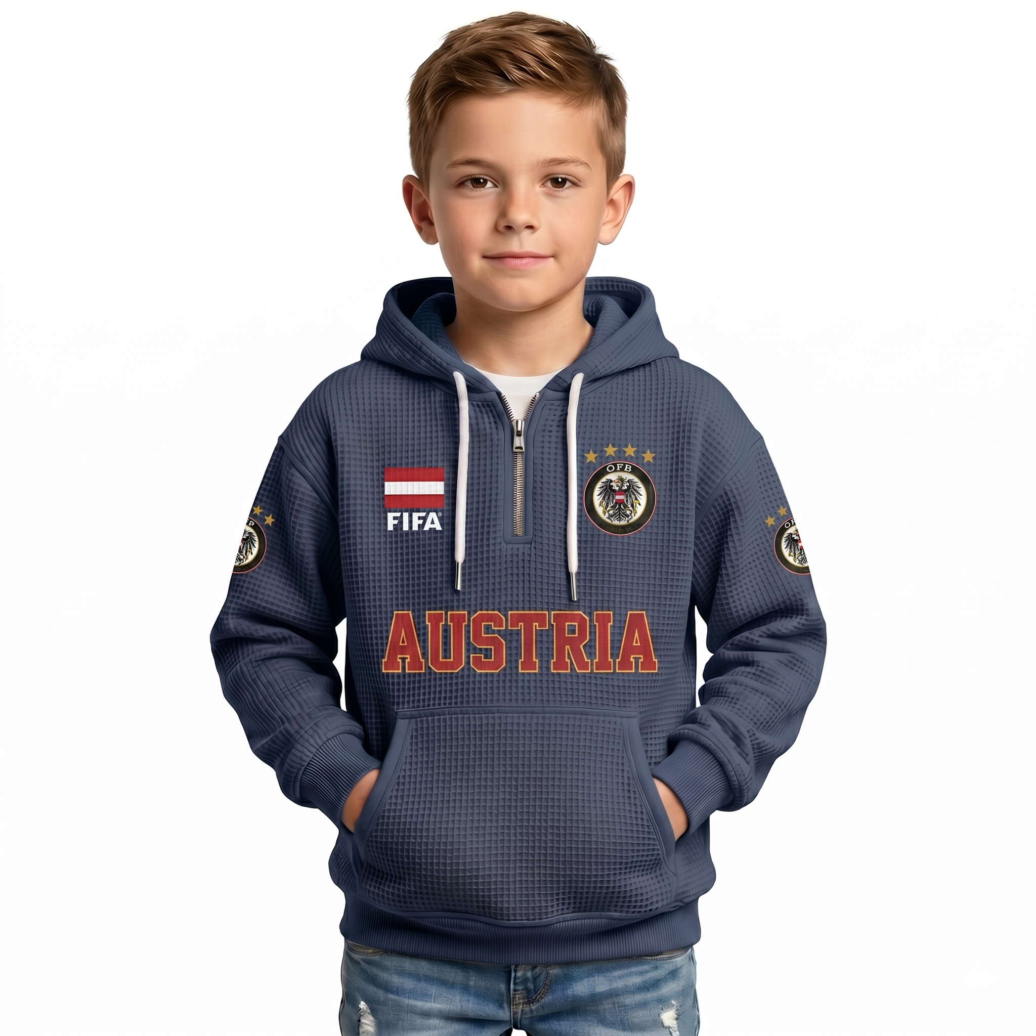 FIFA 2026 Austria Printed Waffle Quarter Zip Football Fan Hoodie For Kids