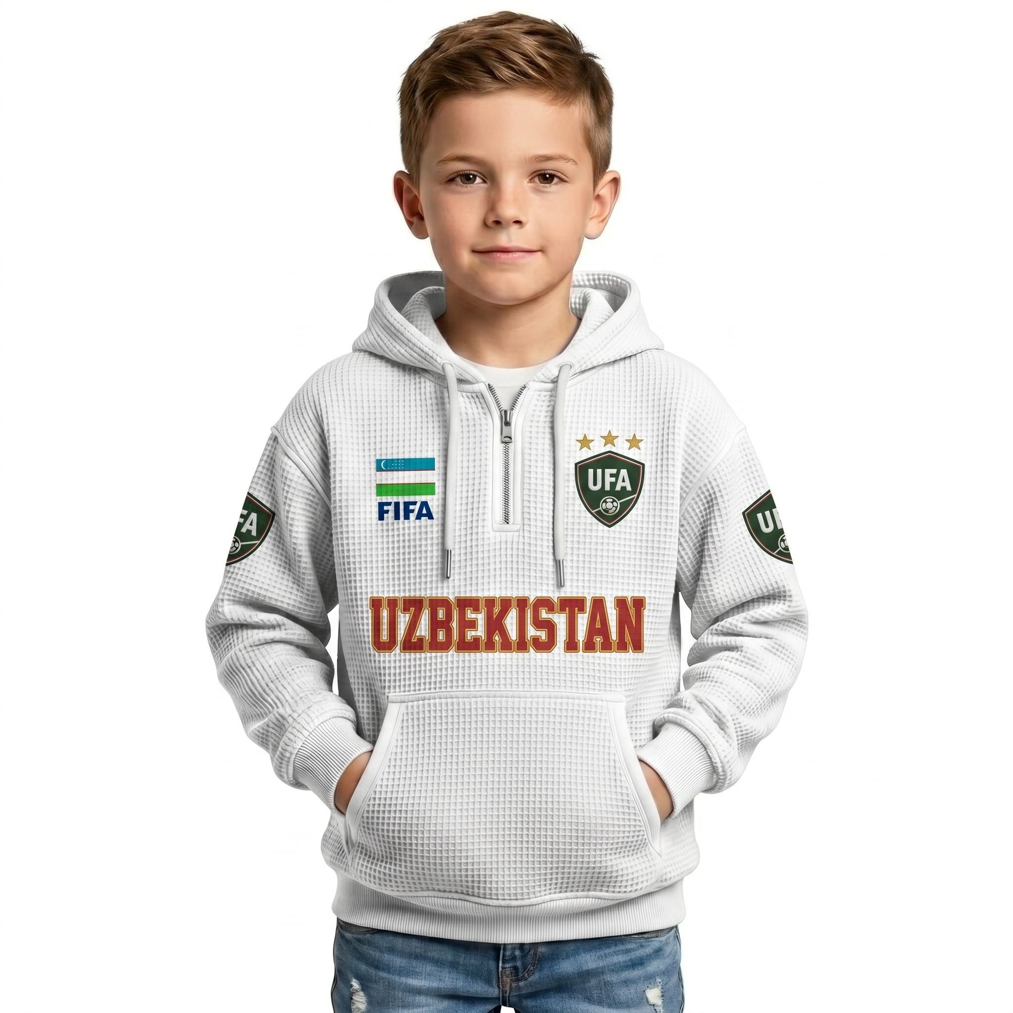 FIFA 2026 Uzbekistan Printed Waffle Quarter Zip Football Fan Hoodie For Kids
