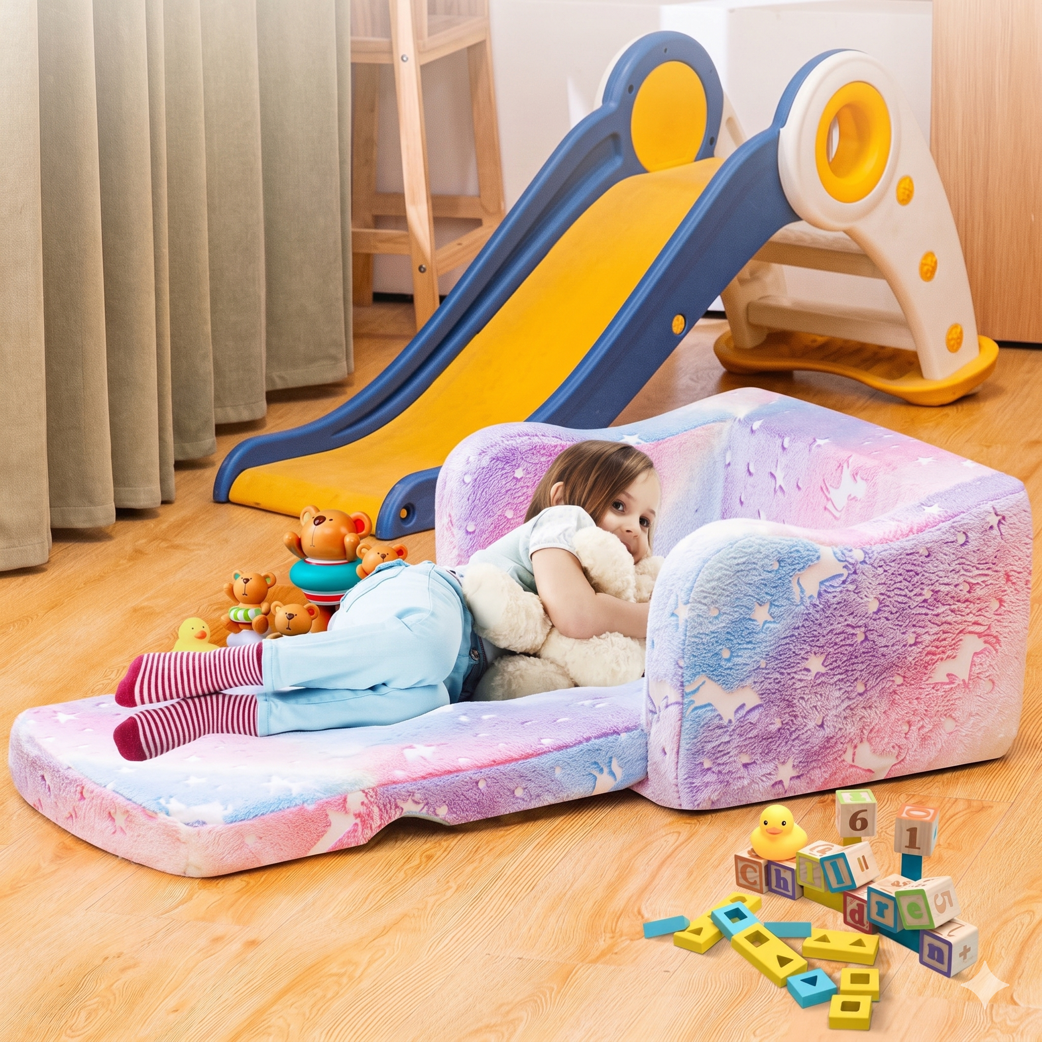 Convertible Sofa Bed With Soft Memory Foam Cushion For Kids