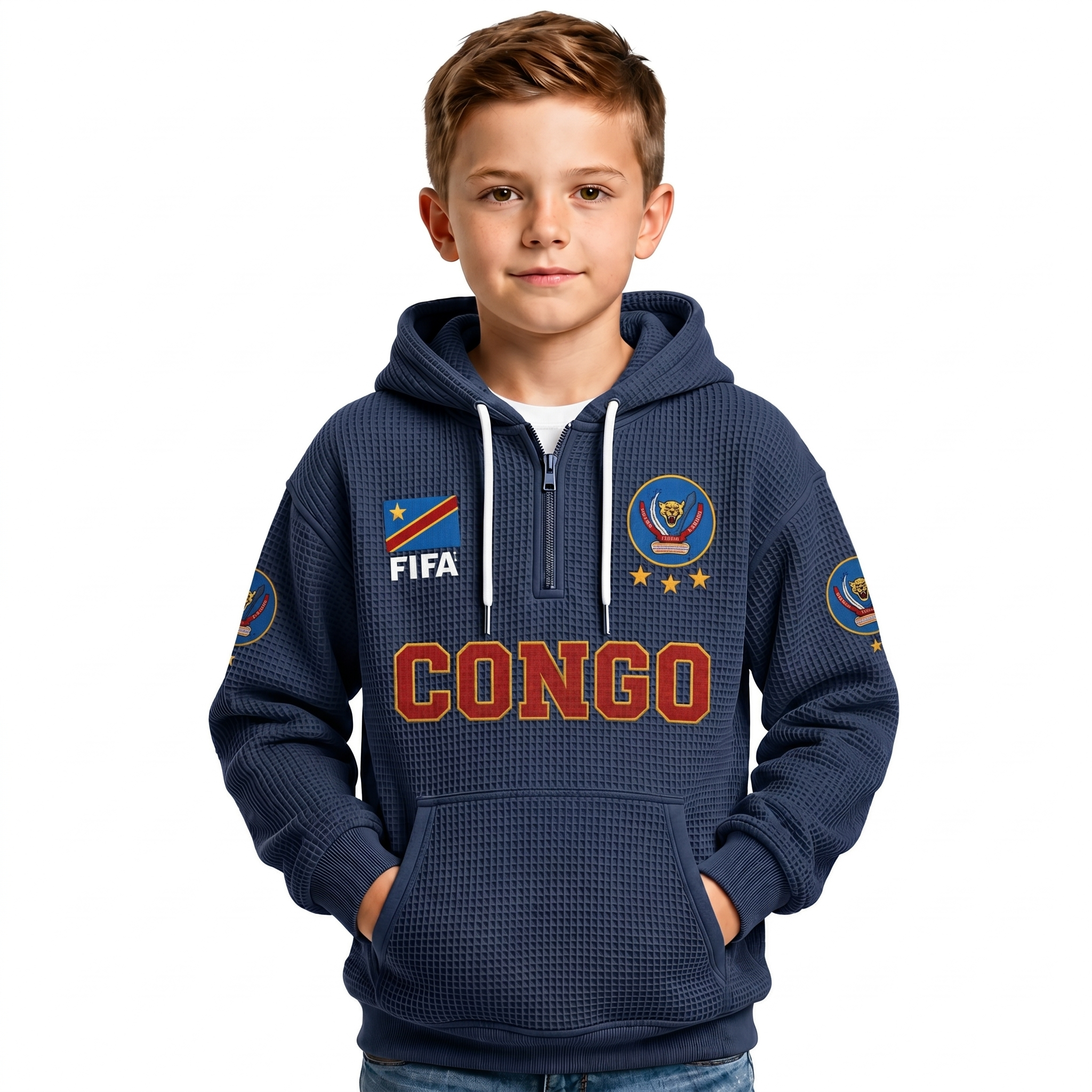 FIFA 2026 Democratic Republic Of The Congo Printed Waffle Quarter Zip Football Fan Hoodie For Kids