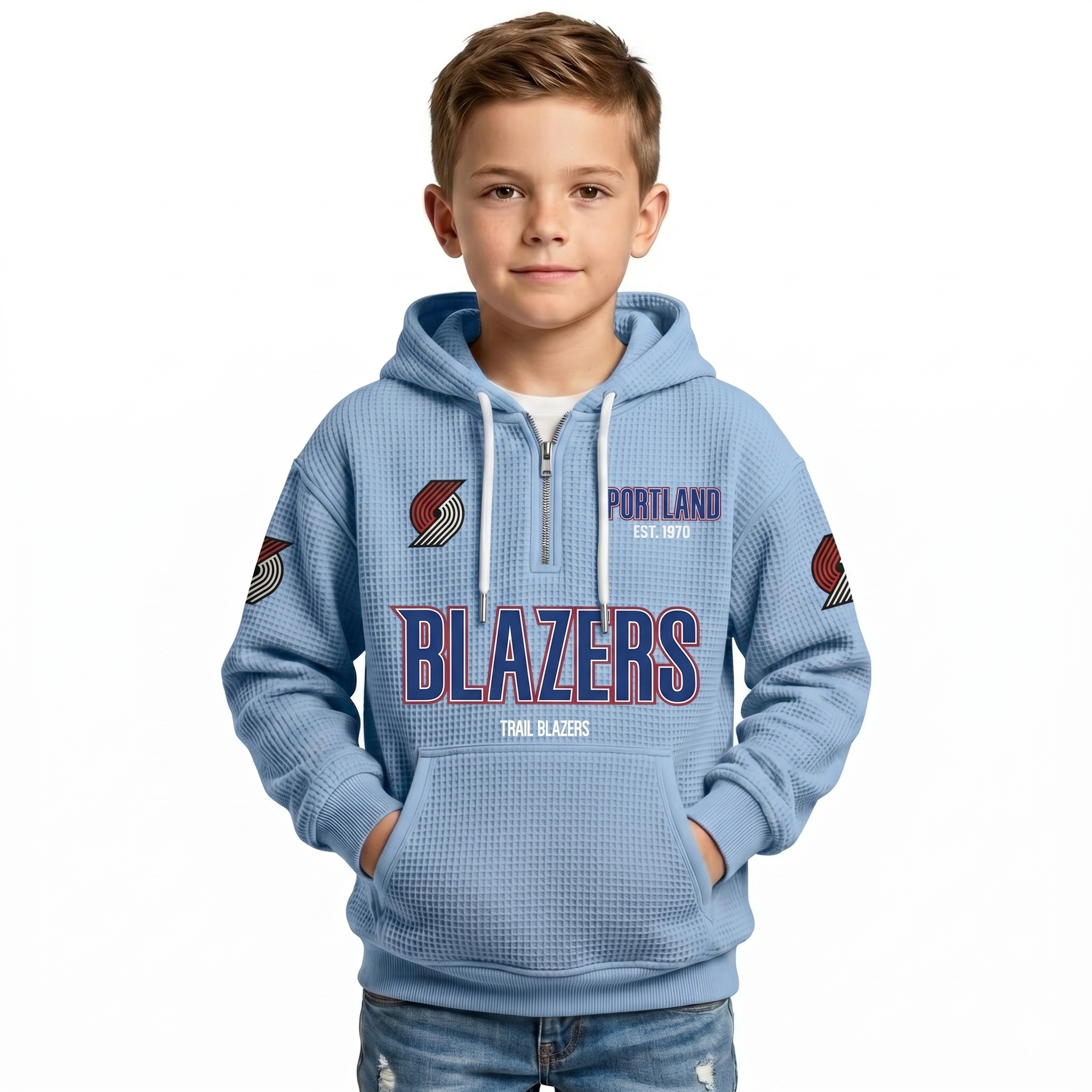 Portland Trail Blazers EST 1970 Printed Waffle Quarter Zip Basketball Fan Hoodie For Kids