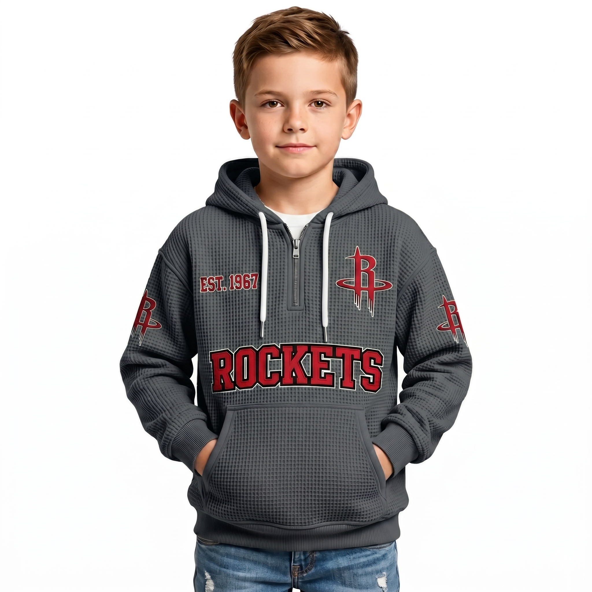 Houston Rockets EST 1967 Printed Waffle Quarter Zip Basketball Fan Hoodie For Kids