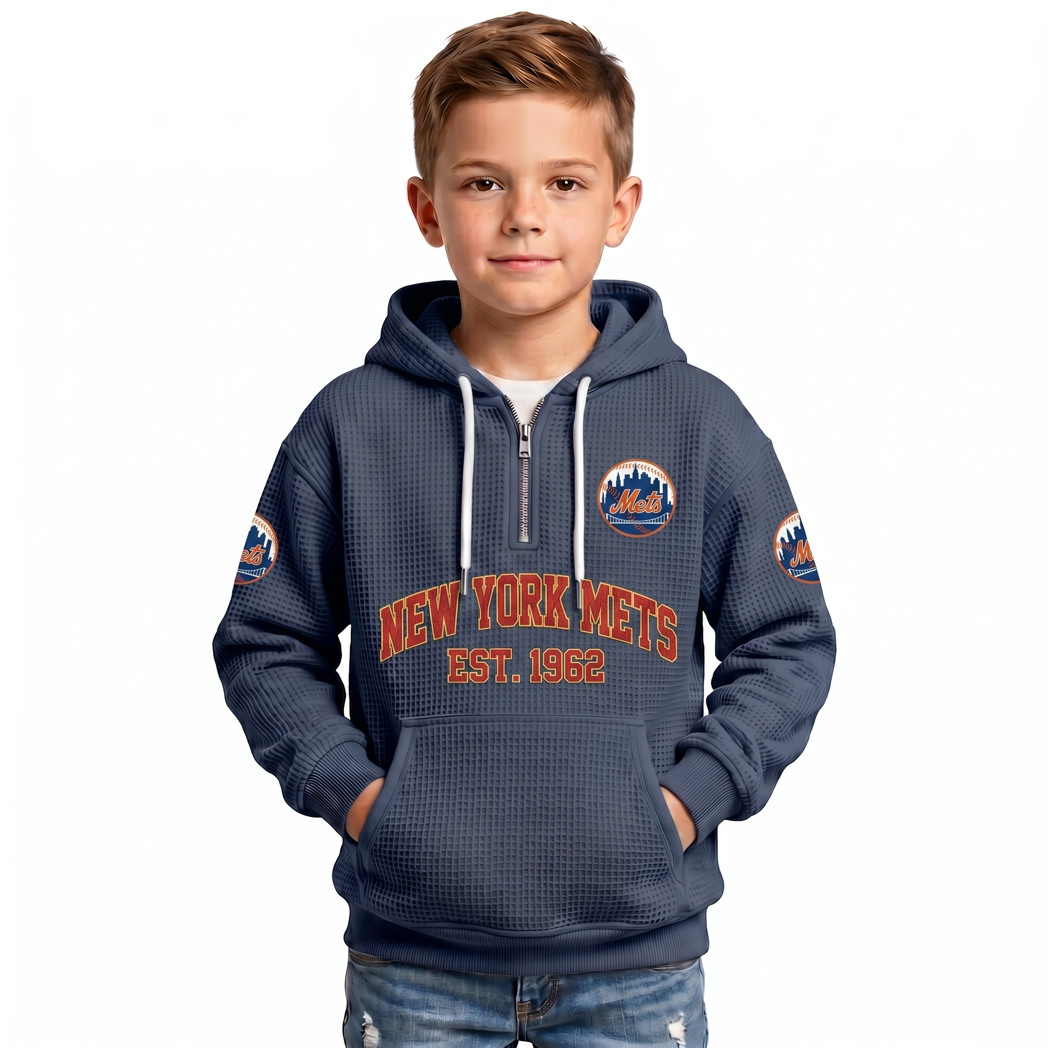 New York Mets EST 1962 Printed Waffle Quarter Zip Baseball Fan Hoodie For Kids