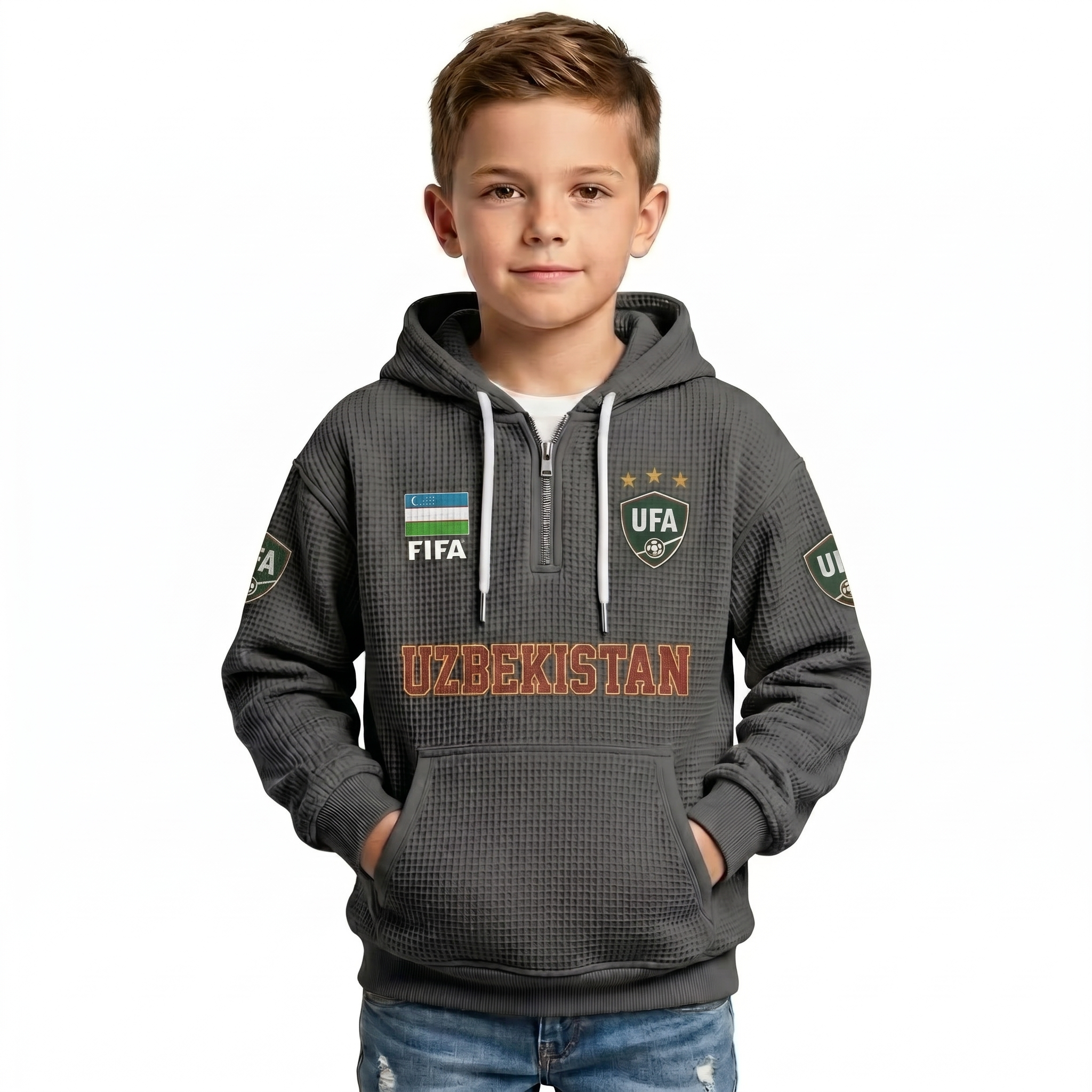 FIFA 2026 Uzbekistan Printed Waffle Quarter Zip Football Fan Hoodie For Kids